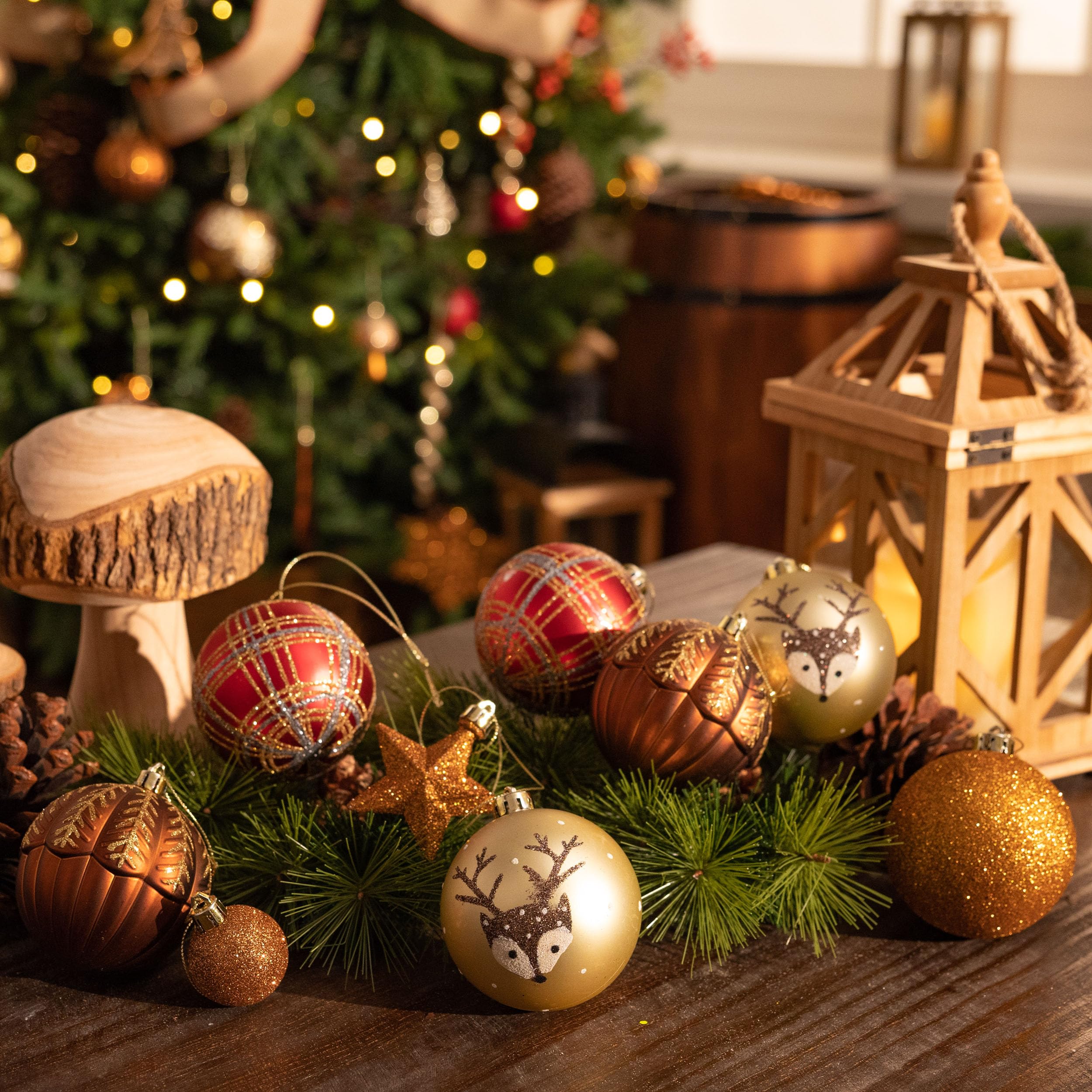 Valery Madelyn Bolas de Navidad Cobre y Dorado, Adornos de Bolas Plásticas Infrangibles, con Caja de Papel Kraft, para la Decoración del Árbol de Navidad (Juego de 60)
