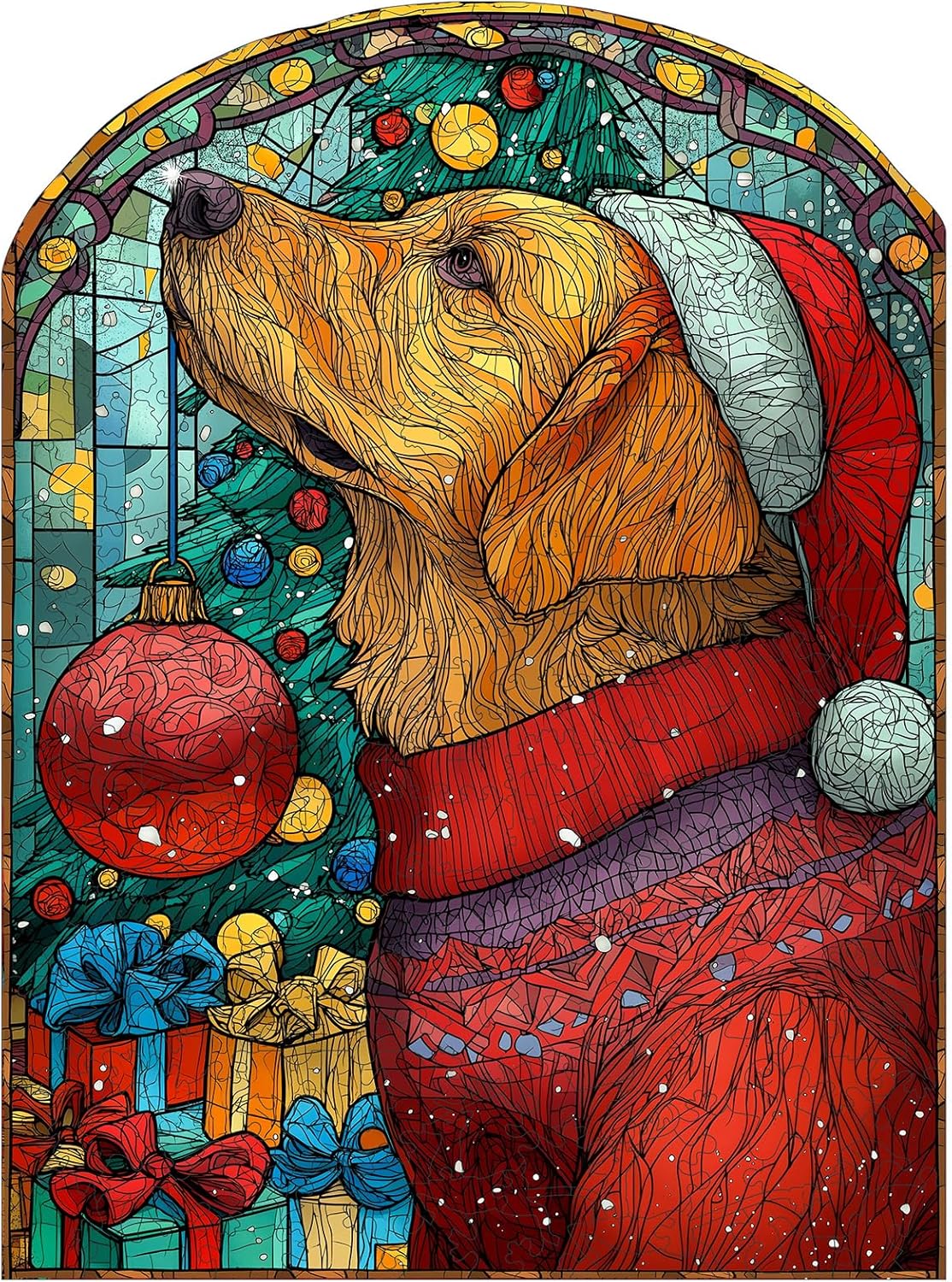 MEATRN Christmas Jigsaw Puzzles for Adults - Dog with Santa Hat 498 Pcs Unique Shaped Holiday Wood Puzzle with Wooden Storage Box, Festive Family Game Night for Art Lovers 13.5x18.3 Inch