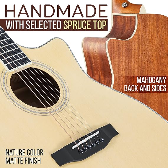Pyle Premium Electric Acoustic Guitar Kit, 41 Full Size Dreadnought Cutaway with Spruce Top, Mahogany Sides, Gig Bag, Strap, Pickguard, Picks, Extra Steel String Set for Beginners, Advanced, Natural