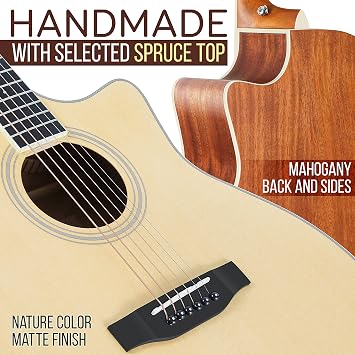 Pyle Premium Electric Acoustic Guitar Kit, 41 Full Size Dreadnought Cutaway with Spruce Top, Mahogany Sides, Gig Bag, Strap, Pickguard, Picks, Extra Steel String Set for Beginners, Advanced, Natural