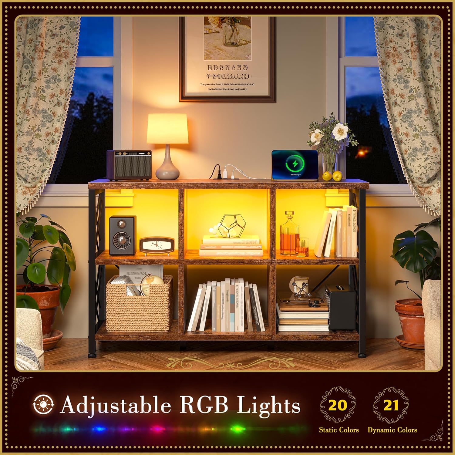 DurayLoly 6 Cube Storage Organizer with LED Light and Charging Station, Wood and Metal Cube Shelf, Long Horizontal Book Shelf for Bedroom, Home Office,Rustic Brown