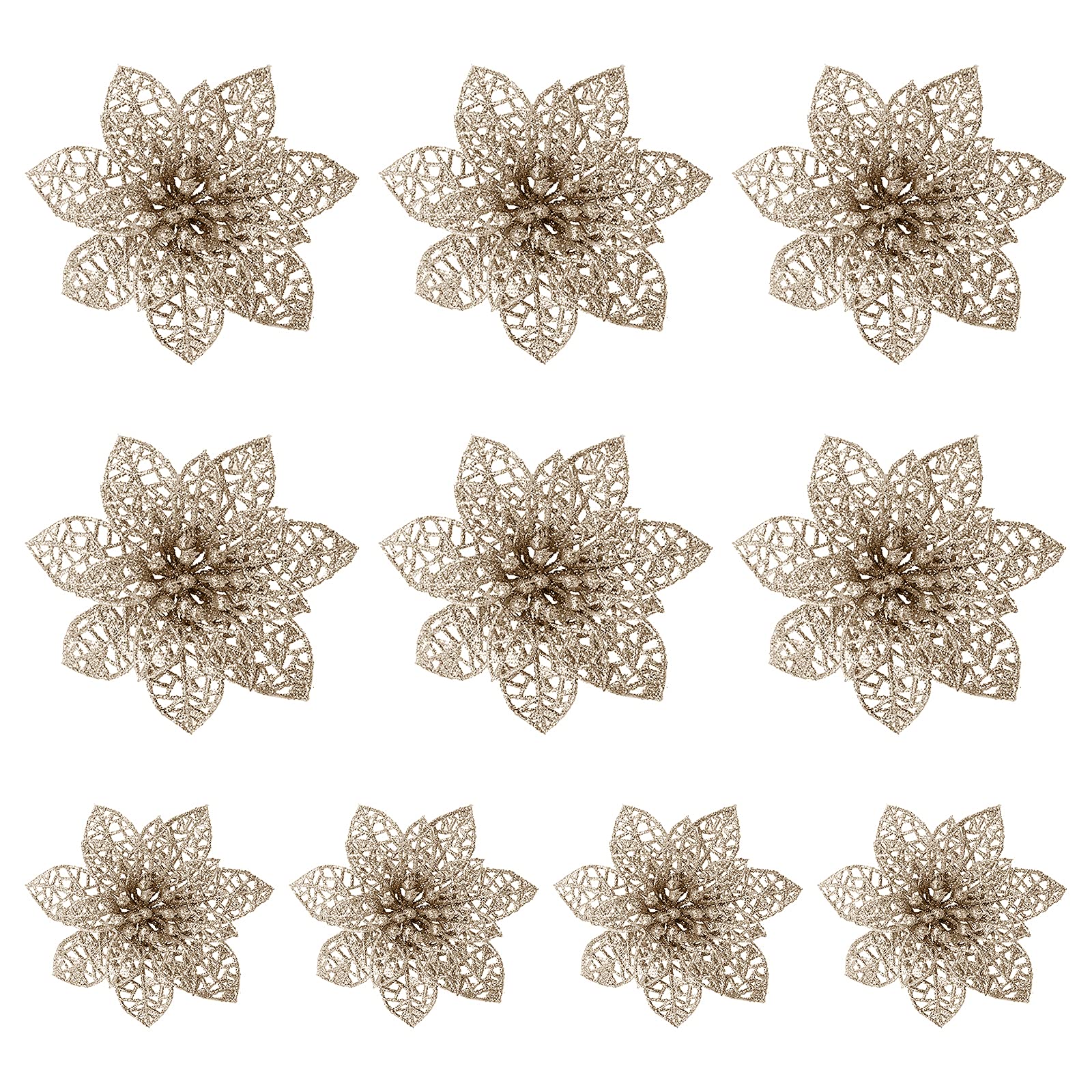 SIYANO 7cm Artificial Poinsettia Flowers Christmas Tree Decorations Hollow Out Glitter Poinsettia Bushes Xmas Poinsettia Flowers Christmas Decorations（Champagne）