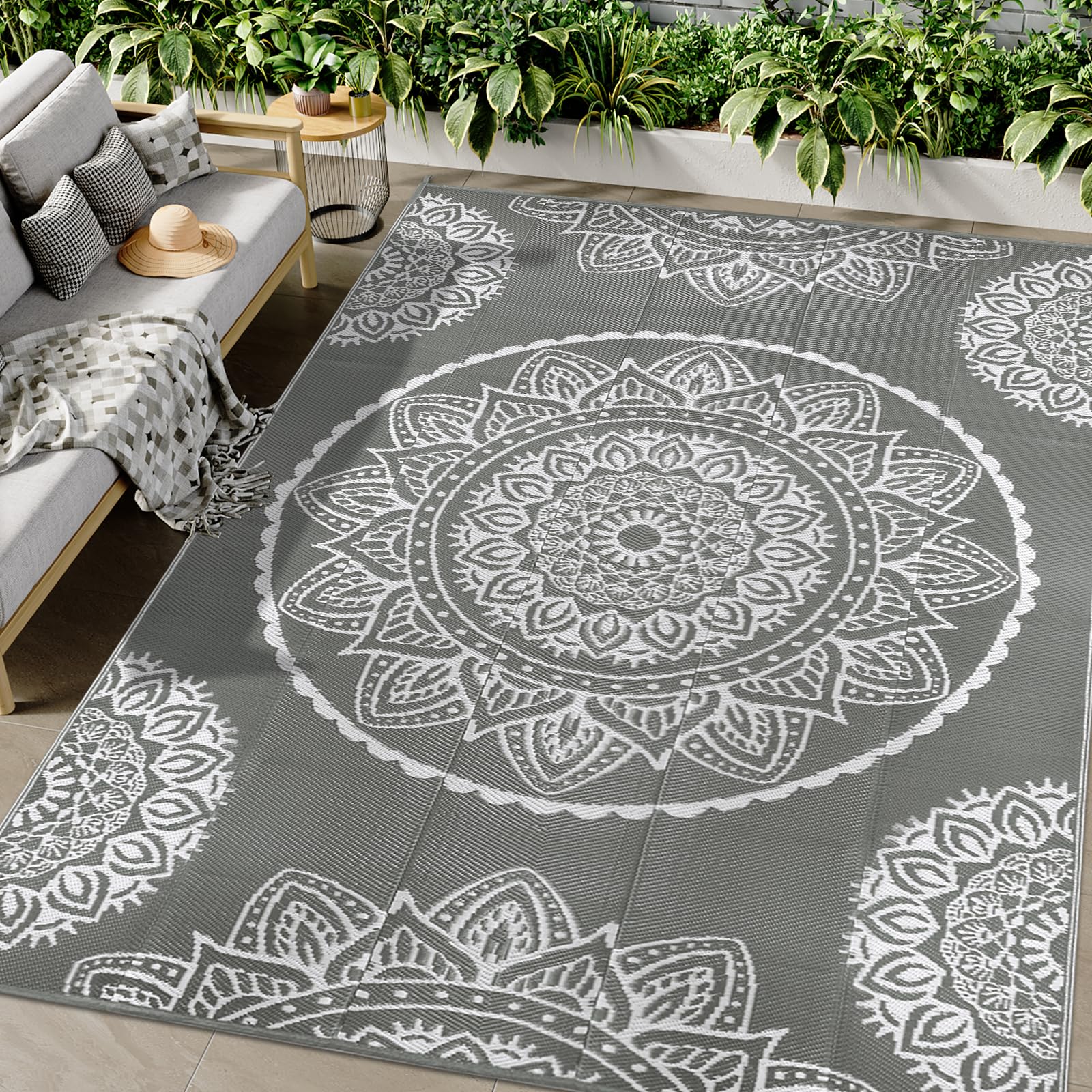 Famibay Large Outdoor Rug Waterproof 245 x 305 cm Plastic Straw Garden Rug Reversible Outdoor Patio Carpet UV Resistant Portable Indoor Area Rug for RV Camping Balcony Grey