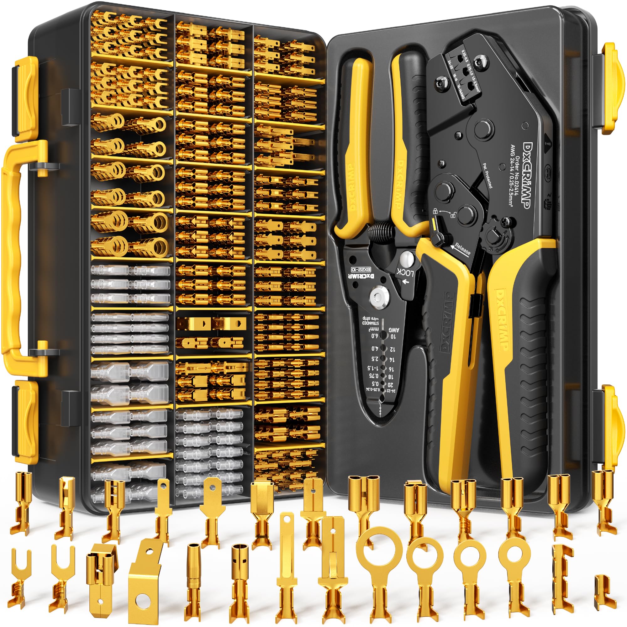 DxCRIMP Kit de Crimpadora para Terminales Eléctricos con 21 Tipos de 0,25–2,5 mm² (AWG 24–14), Kit Profesional de Crimpado y Pelacables, Herramienta Precisa para Electricistas, Bricolaje y Hobby
