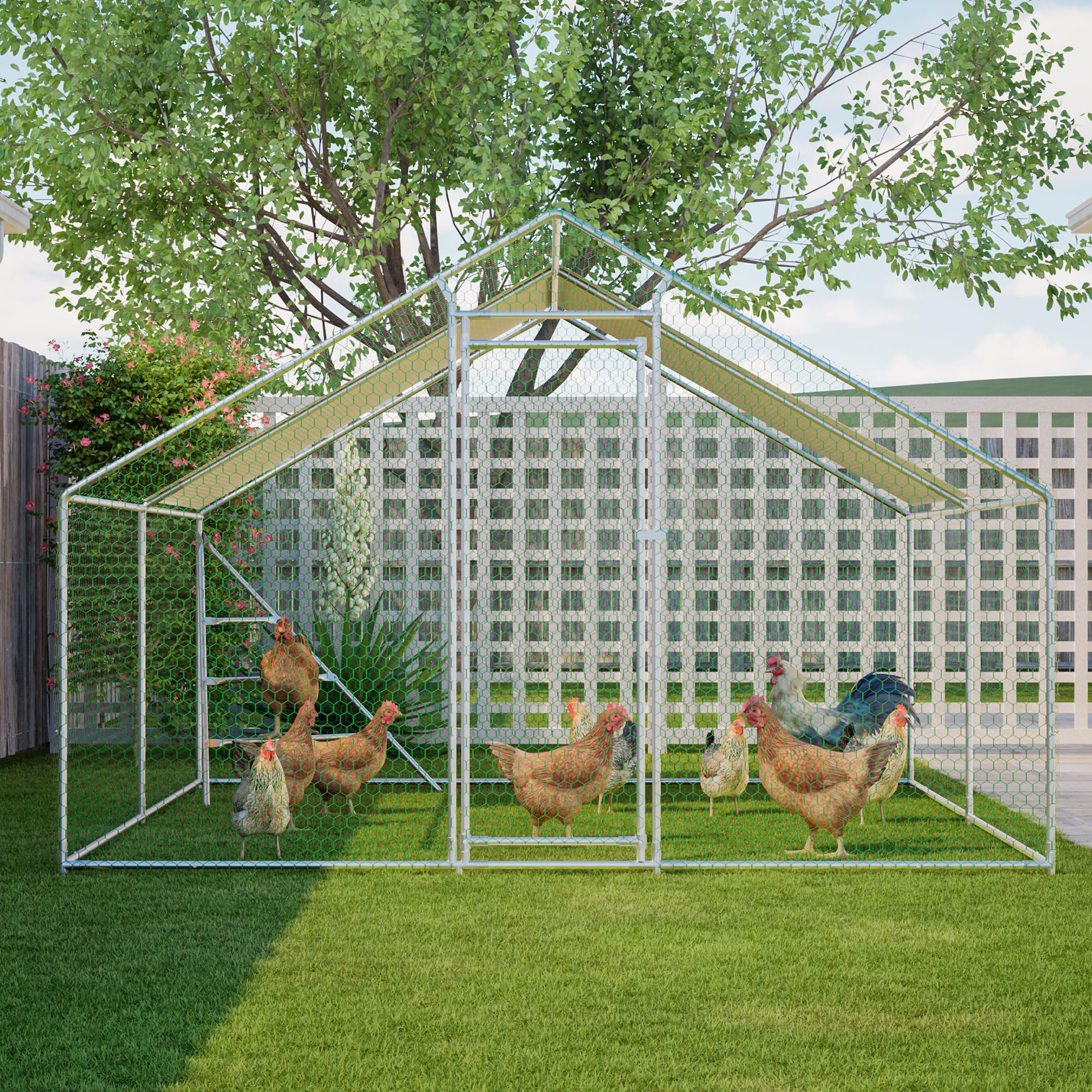 Aviario metálico de 3x4 m con Estructura de Escalada integrada, Techo y Cerradura de Seguridad. Gallinero Resistente a la Intemperie con un Amplio Corral para Animales pequeños y Aves de Corral.