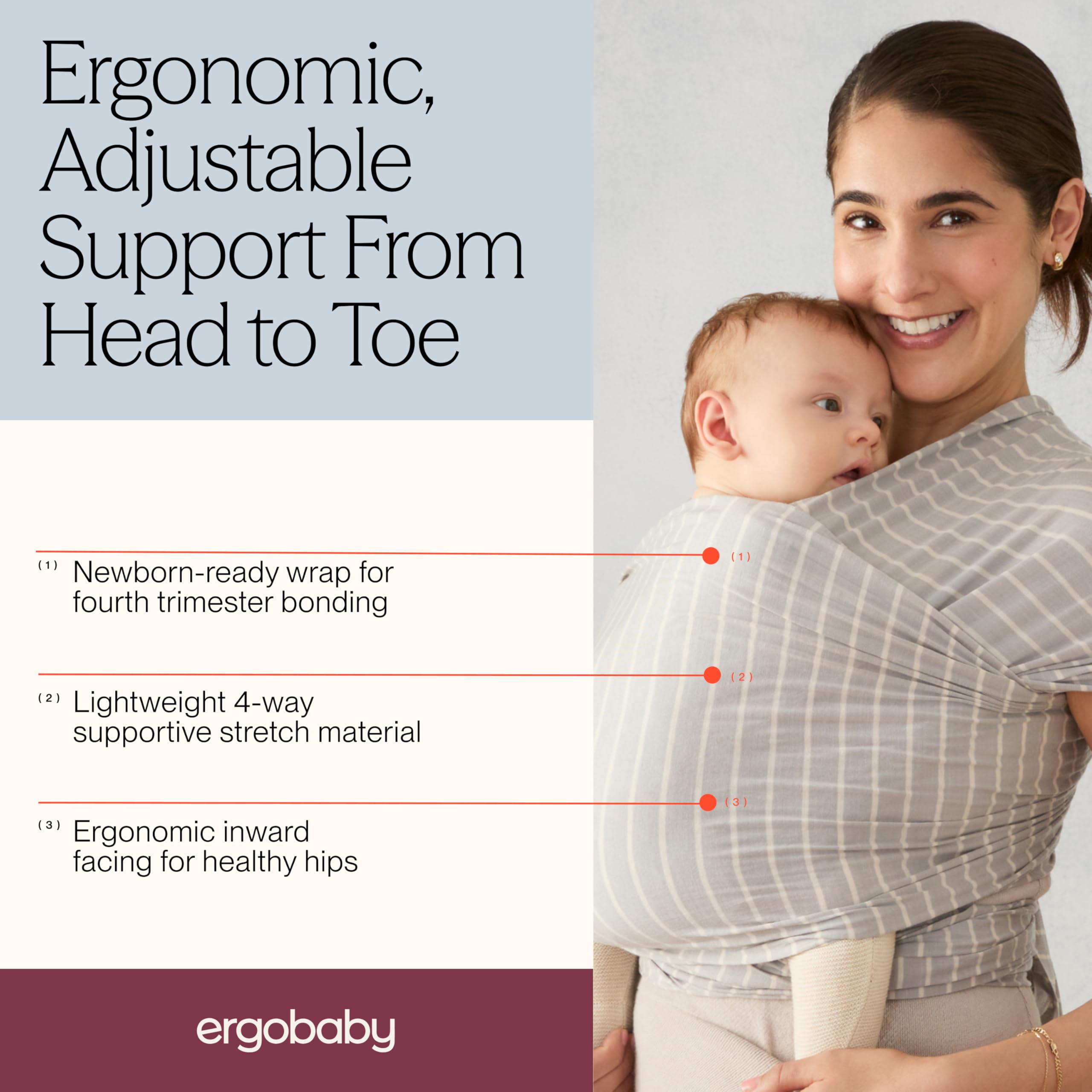 Ergobaby Fascia Neonato Porta Bebe per 0 Mesi Neonati a 11kg, Estiva Traspirante Ergonomica Elastica, Sustainable Knit, Strisce Grigie (Grey Stripes)