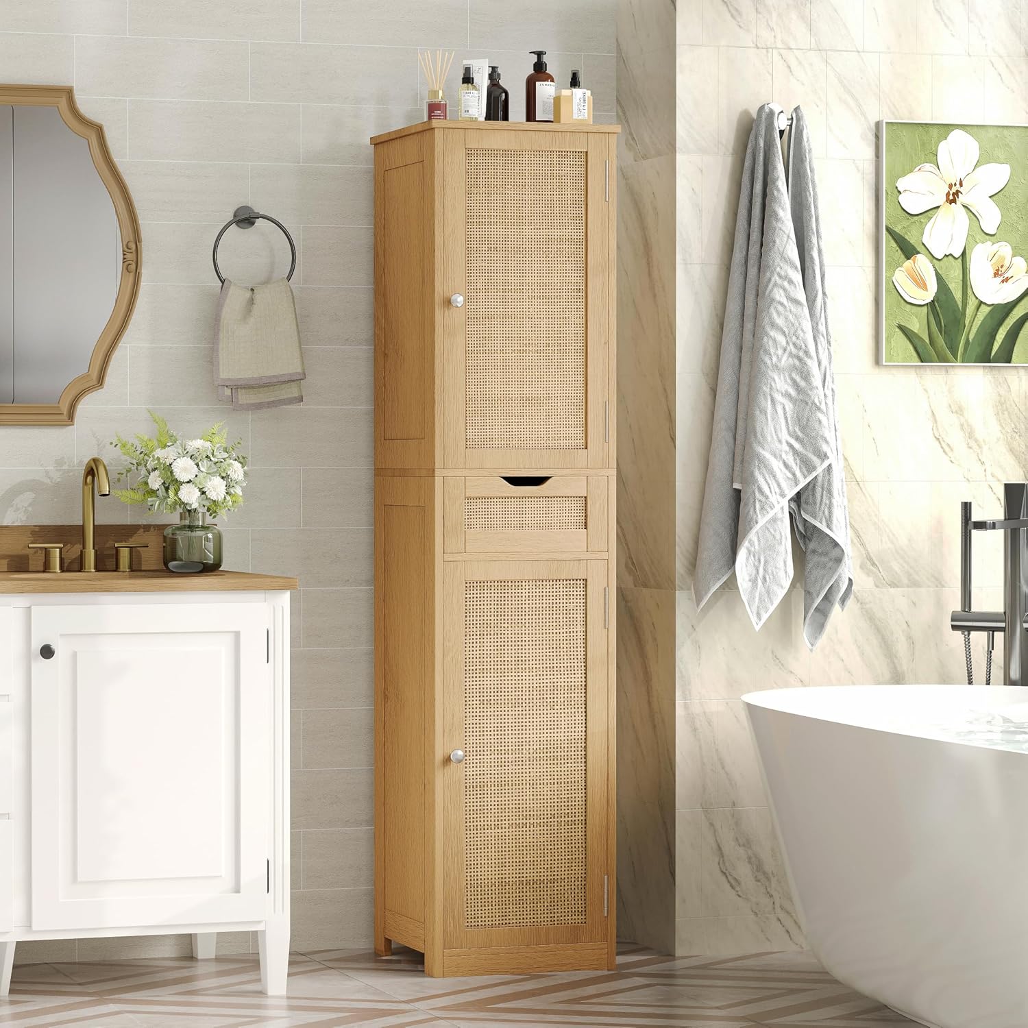 66.9" Tall Bathroom Storage Cabinet, Modern Lined Floor Rattan Cabinet ...
