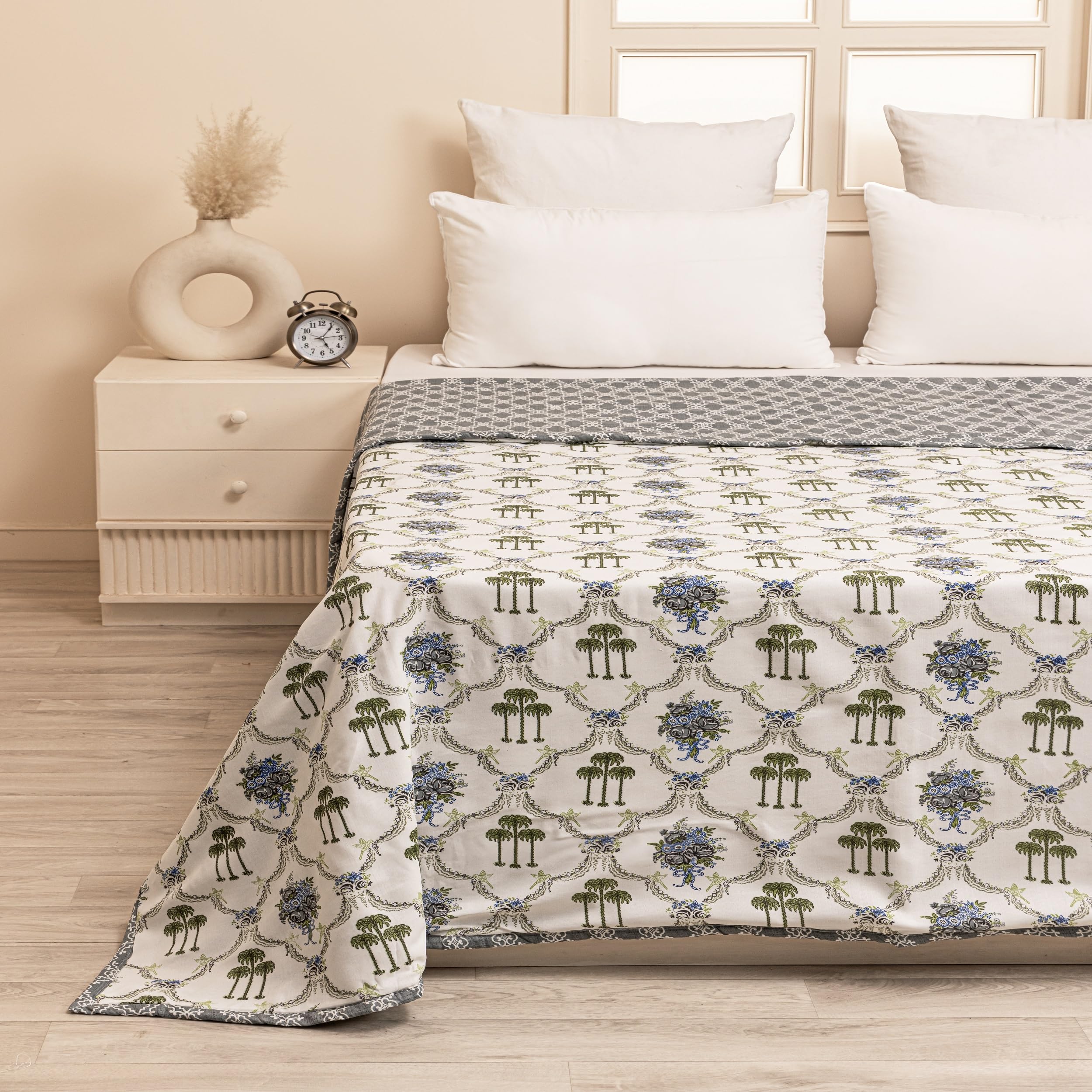 HOMEMONDE 100% Cotton Reversible Dohar 54 x 84 Inch for Single Bed Size Coconut Tree Printed All Season AC Blanket, Lightweight Breathable Quilt - Green & Light Grey-picture-10