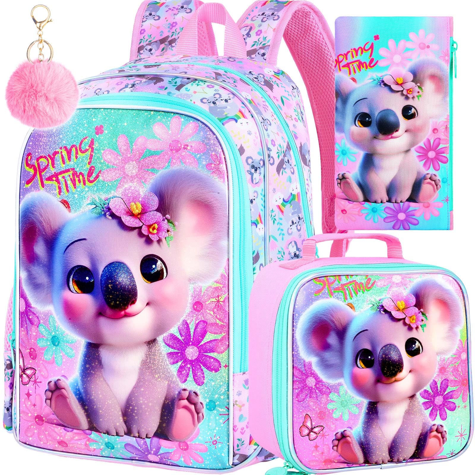 KLFVB 3PCS Girls Koala Backpack, Water Resistant Kids Bookbag with Lunch Box, 16" Preschool Backpacks for Elementary - Koala Pink