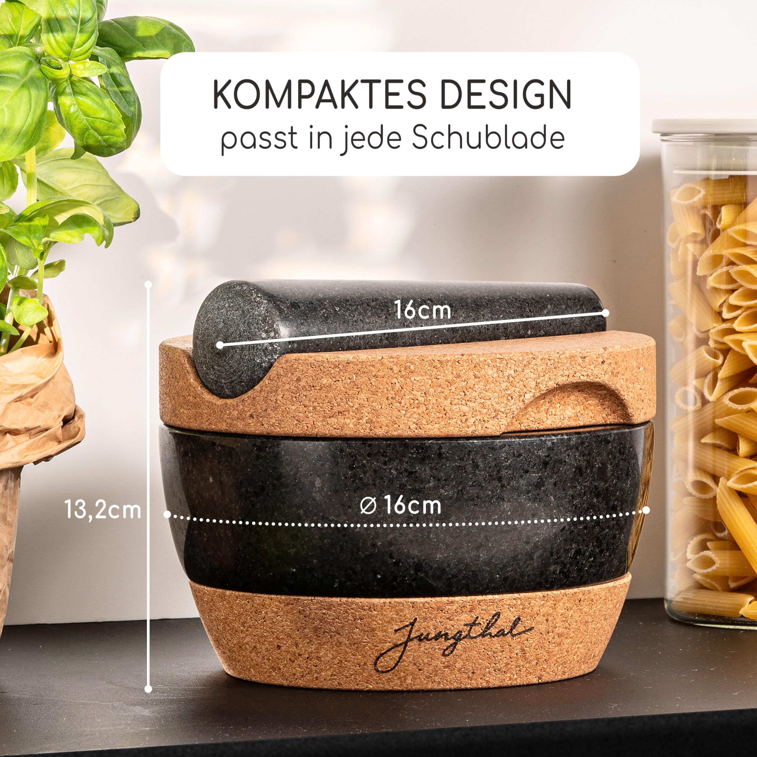 Mörser mit Stößel im Set | Granit + Kork in prämiertem Design | Natürlich, edel und 100% rutschfest | Ø 16 cm groß | Steinmörser für Kräuter und Gewürze | Mortar & Pestle