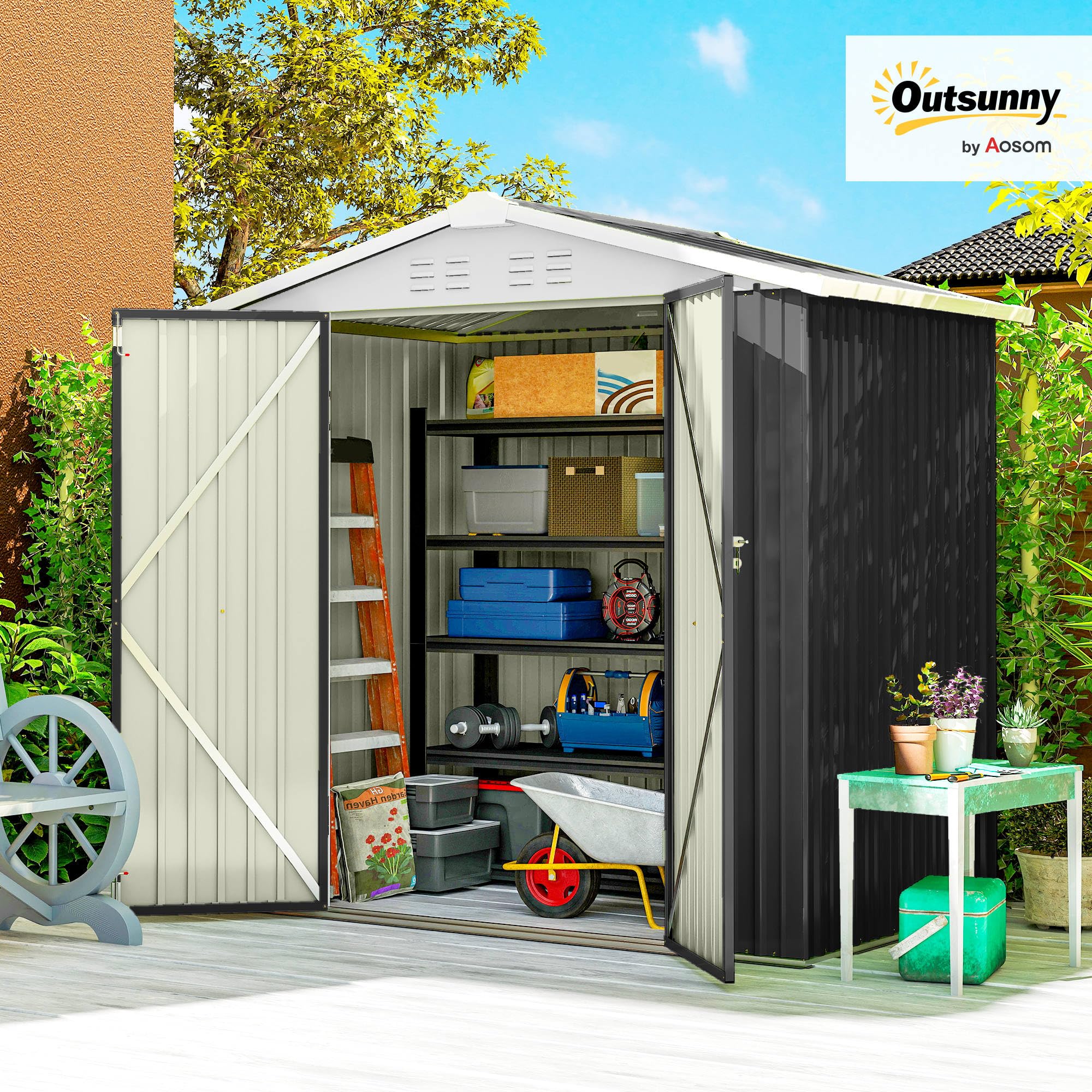 Outsunny 6.5' x 4' Outdoor Storage Shed, Metal Garden Shed with Lockable Double Doors, 4 Vents, Tool Storage House for Outdoor Patio Yard, Dark Grey - 2