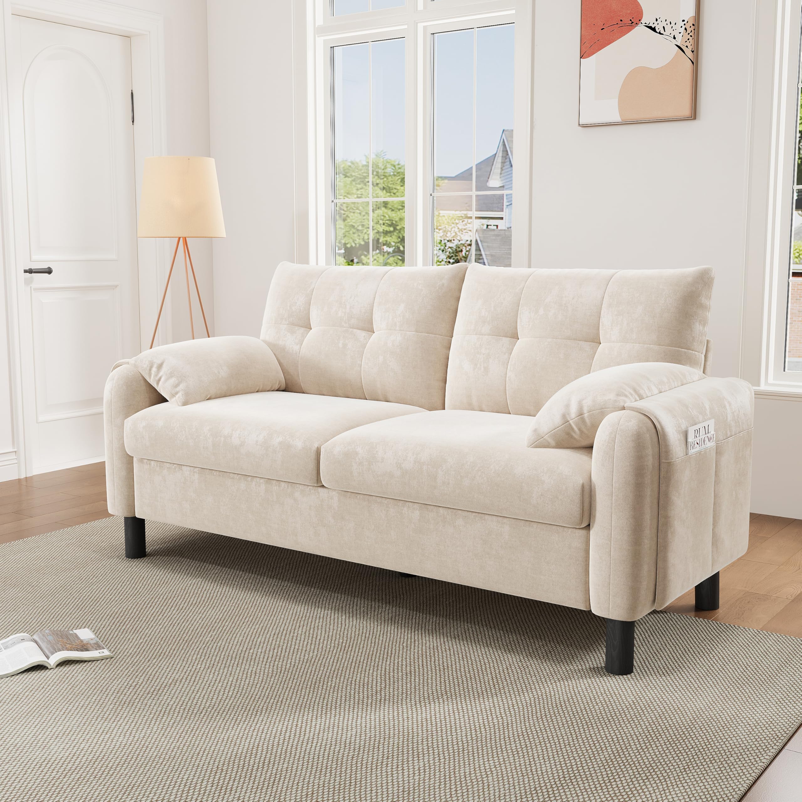 Sofá moderno de 2 plazas tapizado de tela de chenilla con cojines gruesos, sofá para salón, dormitorio, apartamento pequeño, tapizado en color beige