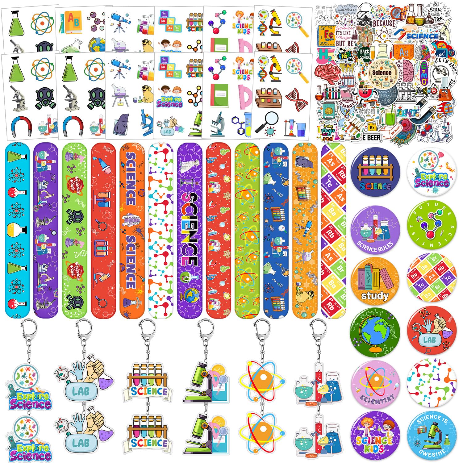 YYMYMGJ 98PCS Science Party Favors - Scientist Party Supplies with Slap Bracelets, Stickers, Badges, Keychains, Temporary Tattoos for Science Lab