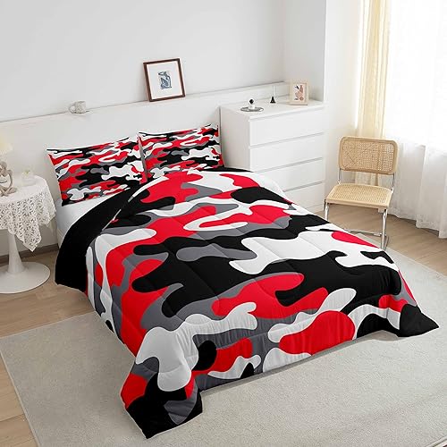 Erosebridal Juego de ropa de cama de camuflaje, juego de edredón rojo y negro de camuflaje tamaño King para niños y niñas, juego de edredón de