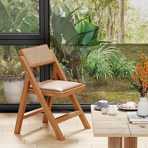 Miniatura 8 de Juego de 2 sillas de comedor plegables de cocina, sillas de mesa de ratán modernas con silla plegable de cuero de roble para sala de lectura, boda,
