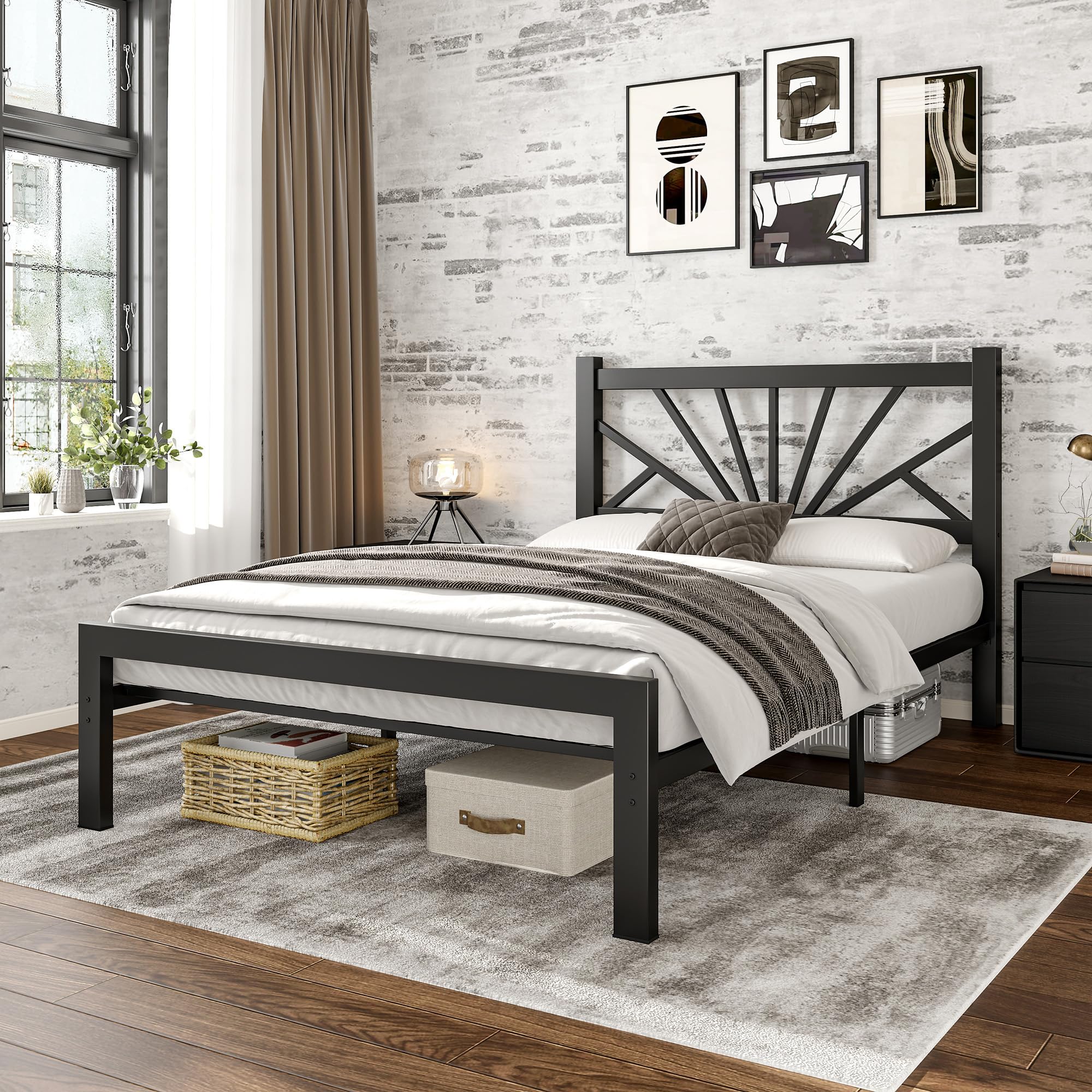 Cama metálica 90 x 200 cm con somier láminas Malla metálica Capacidad Carga de 400 kg cabecero 96 cm Espacio Almacenamiento Debajo la Cama no Requiere colchón de muelles Color Negro Moderno.