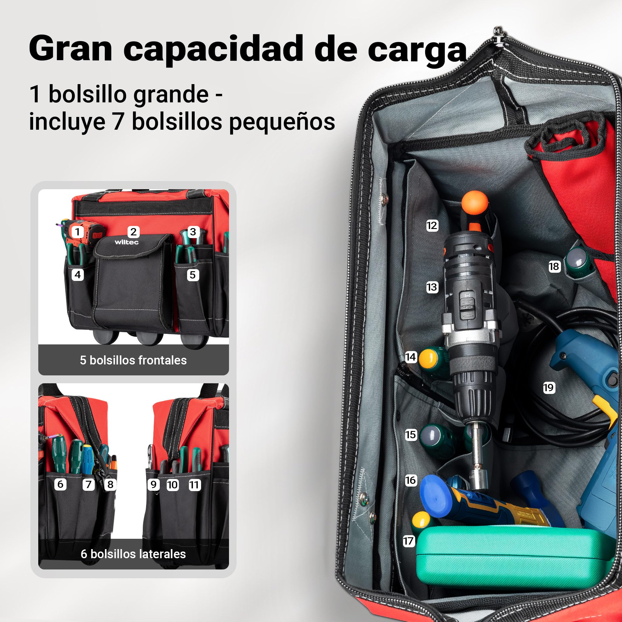 Wiltec Maleta de herramientas con ruedas 19 compartimentos 46 x 25 x 37 cm capacidad máx. 40 kg trolley con asa telescópica para ajuste fácil, pies antideslizantes, organizador