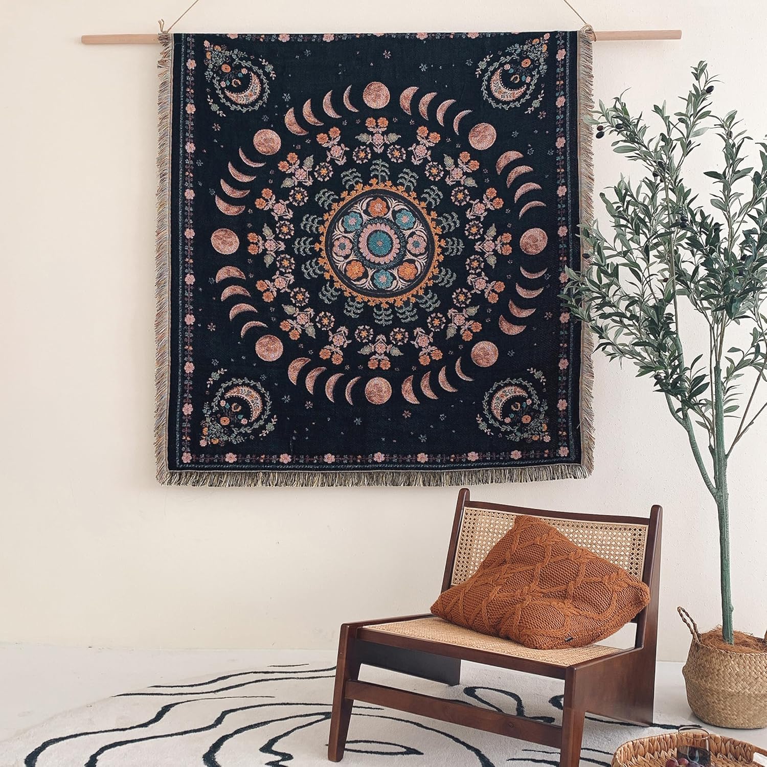 Boho Throw Blanket Reversible Cotton Bohemian Tapestry Hippie Room Decor Double Sided (Lunar Eclipse Black 50"x60") - Image 2