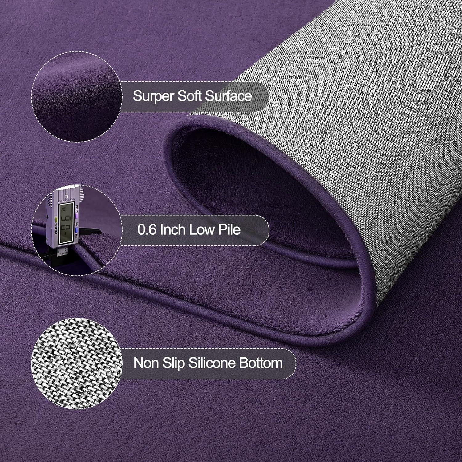 Vasofe 2x6 Runner Rugs for Bedroom Living Room, Memory Foam Low-Pile Hallway Carpet Runner Rug for Entryway, Throw Small Kids Carpet for Bedside Dorm Room Decor, Purple