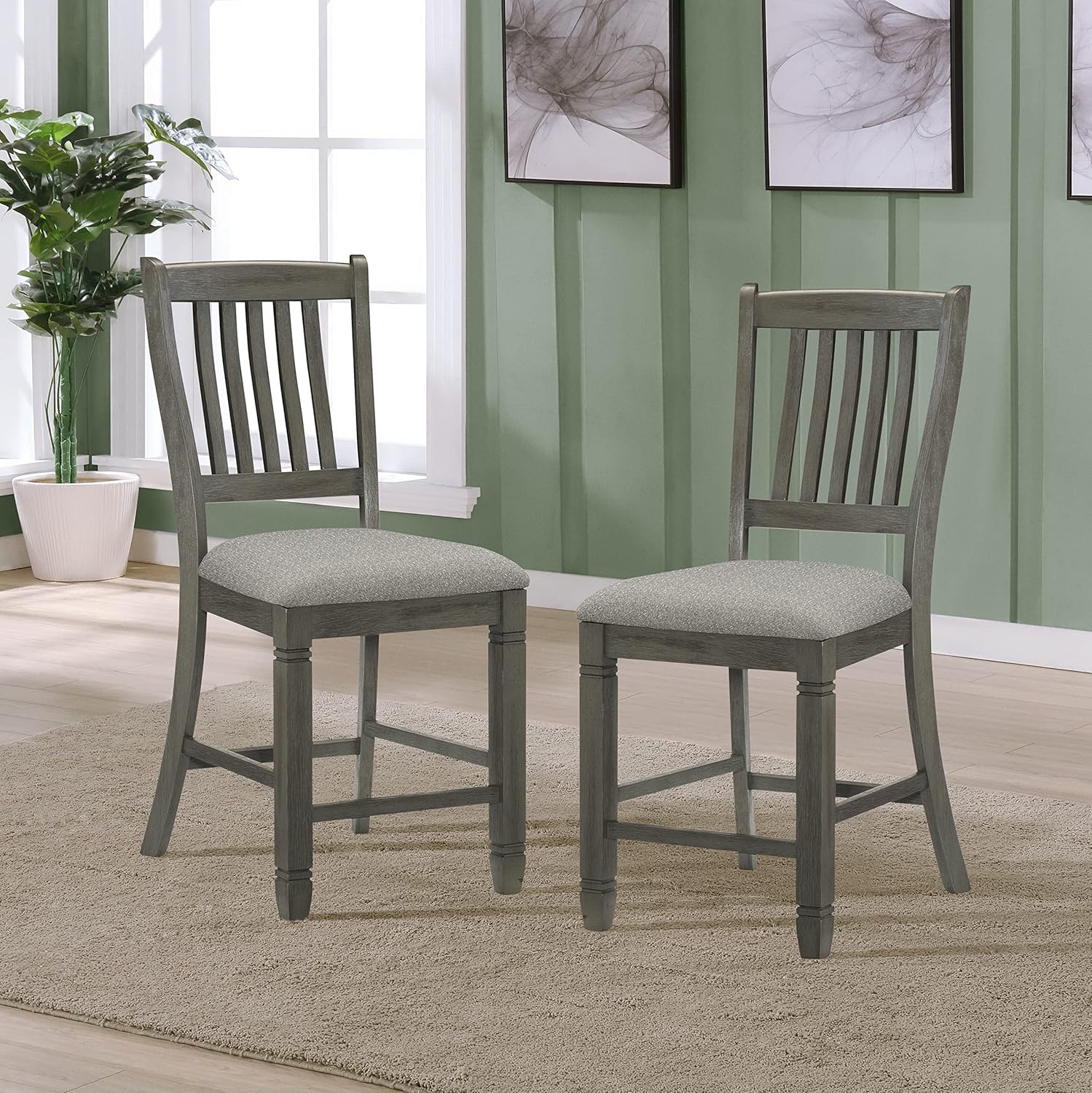 Lexicon Counter Height Stools Set of 2 - Saratoga Kitchen Counter Stools Upholstered Foam Padded Seat, Slat Back, Solid Wood Frame, Farmhouse Rustic Chair, Easy Assembly, 24.5" SH, Antique Grey