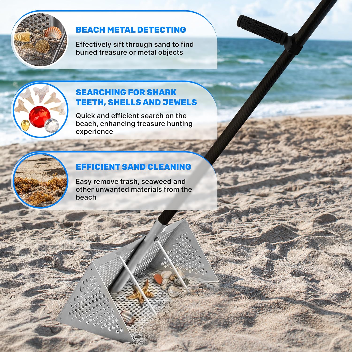 CKG Shark Tooth Sifter and Sand Scoop for The Beach, Sand Flea Rake with Carbon Handle, Stainless Steel Sand Sifter for The Beach with Long Strong Assembly Handle, Silver