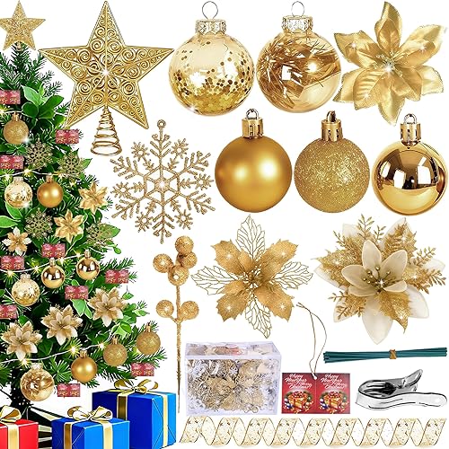 Juego de 76 piezas de decoración para árbol de Navidad, adornos dorados surtidos con grandes bolas de plástico inastillables, adorno de árbol de