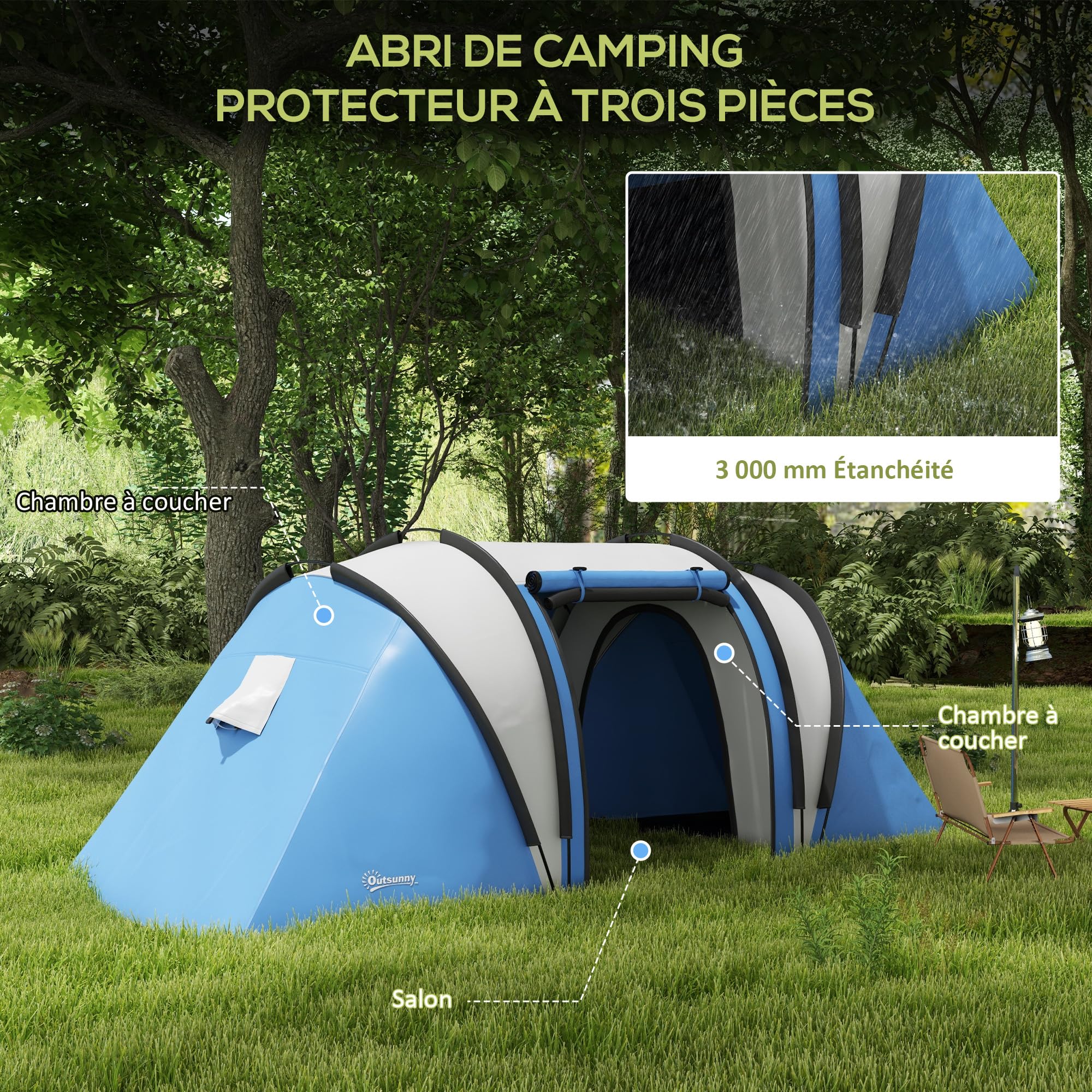 Outsunny Tente de Camping familiale 4-5 Personnes avec 2 Chambres, 3000 mm imperméable et ventilée, Installation Facile, Tente de randonnée avec 3 Portes et fenêtres et Sac de Transport