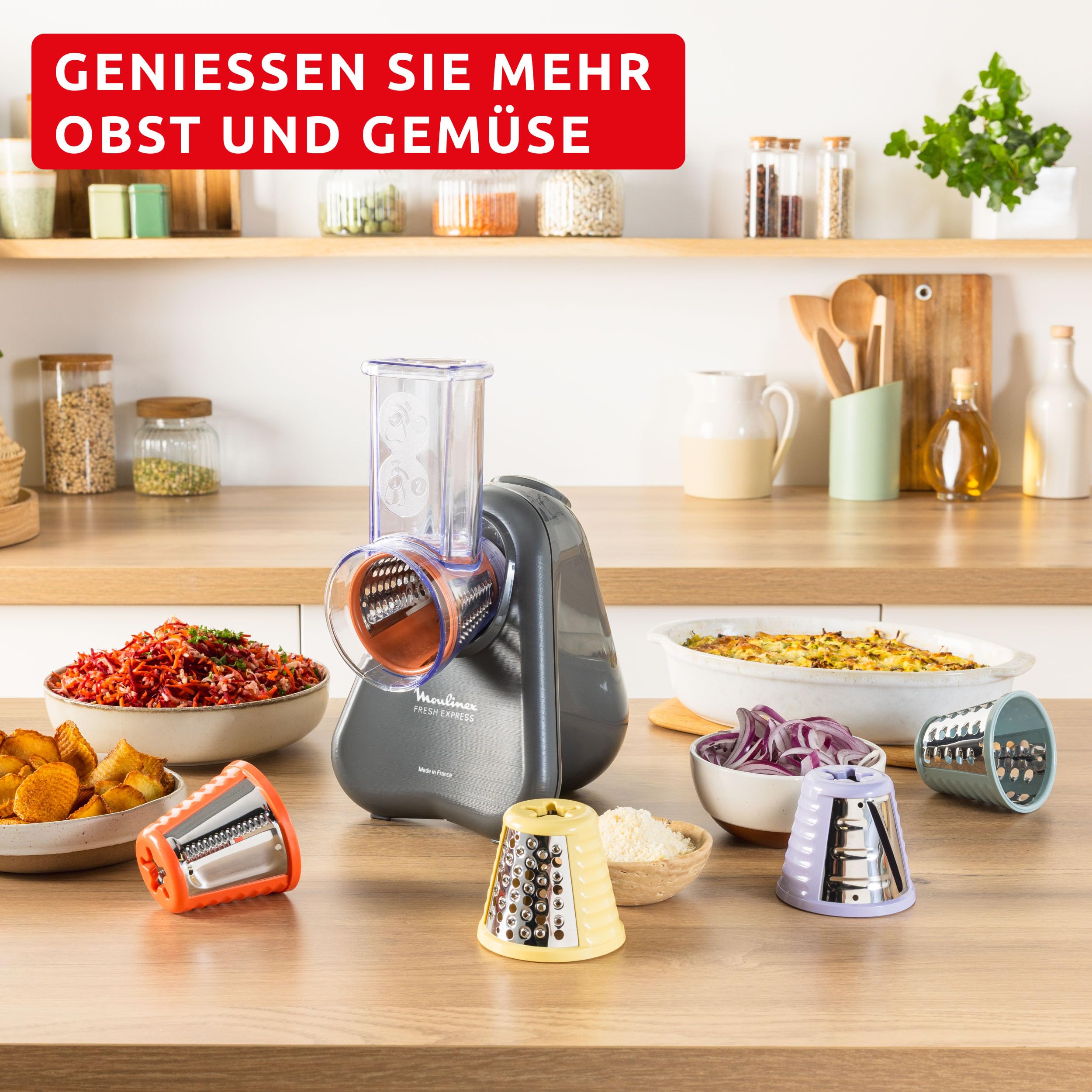 Moulinex Fresh Express Elektrische Gemüsereibe, Direktserviersystem, 5-in-1, zerkleinern-schneiden-reiben-wellenförmig-schneiden, Kabel-Verstausystem, Zubehör spülmaschinenfest, Grau, DK855HE0