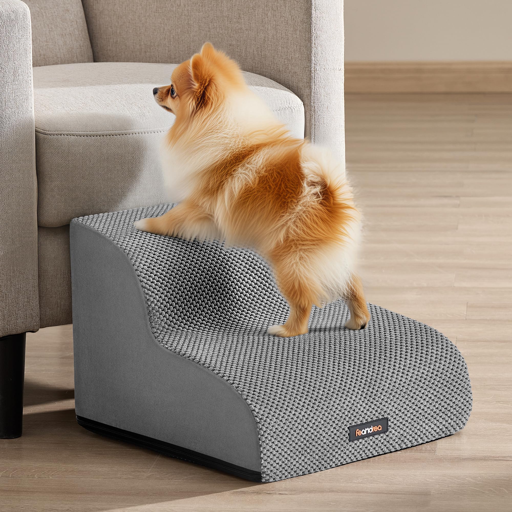 Feandrea Scala a 2 Gradini per Cani, Velluto Goffrato, Pendenza per Letto, Divano, Scaletta per Animali Impermeabile e Antiscivolo, Copertura Sfoderabile e Lavabile, Grigio Tortora PPS012GD01
