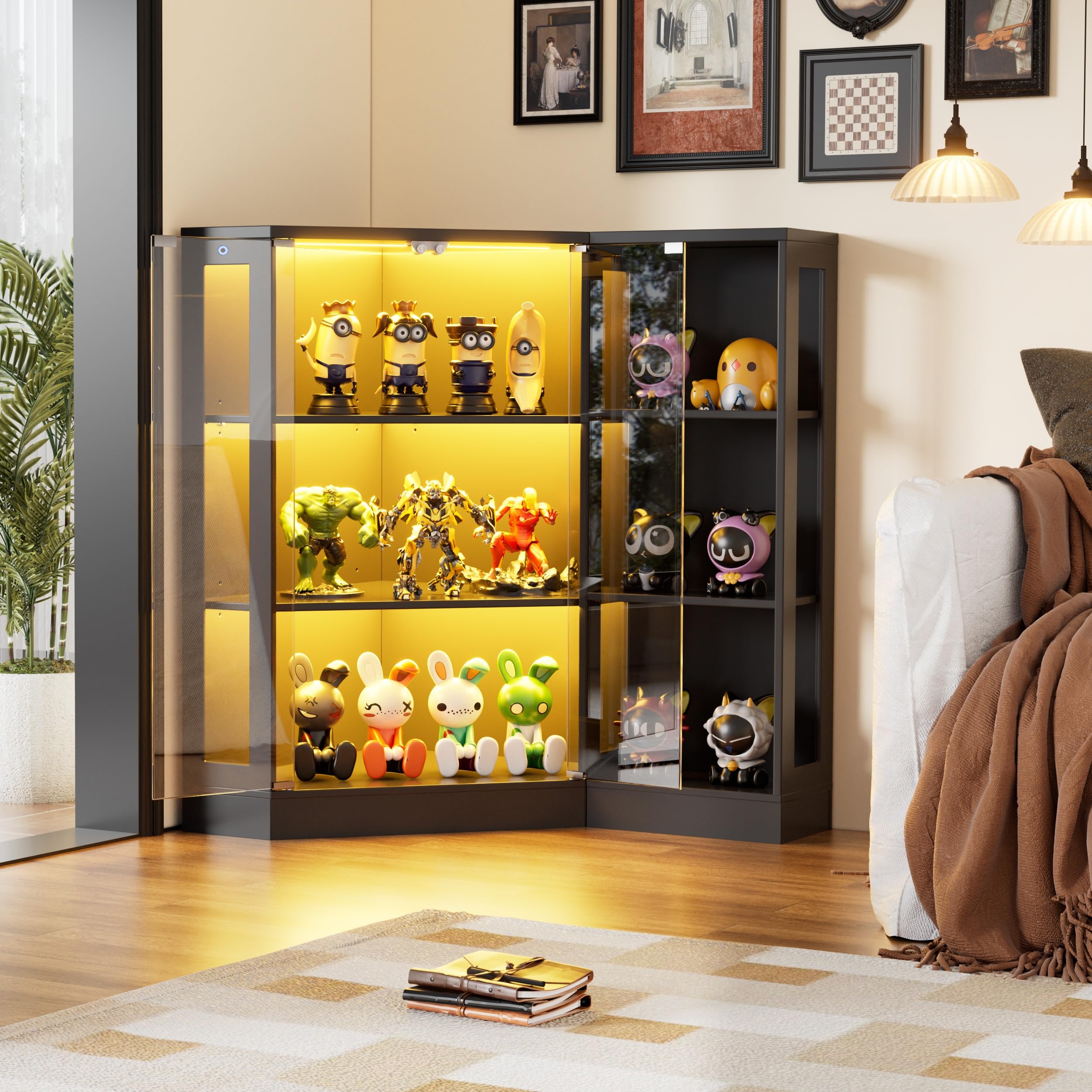 MSFE Vitrine en Verre avec LED, Armoire Vitrine pour Collection avec Capteur Intelligent, 2 Porte 6 étagères, Multifonction Meuble Vitrines LED Salon, Chambre, Entrée, 100x116.5x60 cm, Noir
