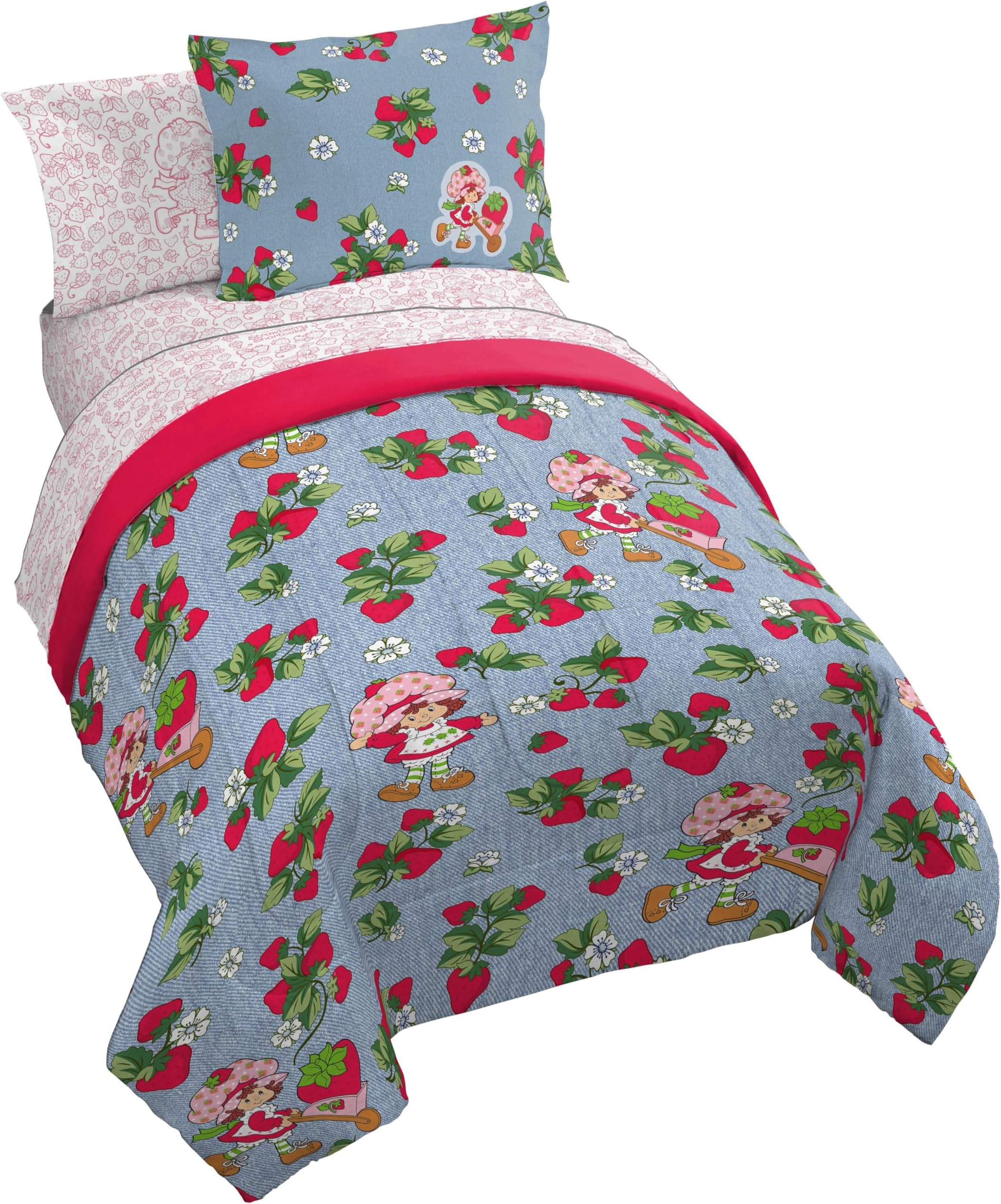 Kids Comforter Set Includes Sheets and Pillow Covers - Soft and Cozy Bed Set for Stylish Room Decor, Blue - Strawberry Shortcake. 5 Piece Twin Size Bedding