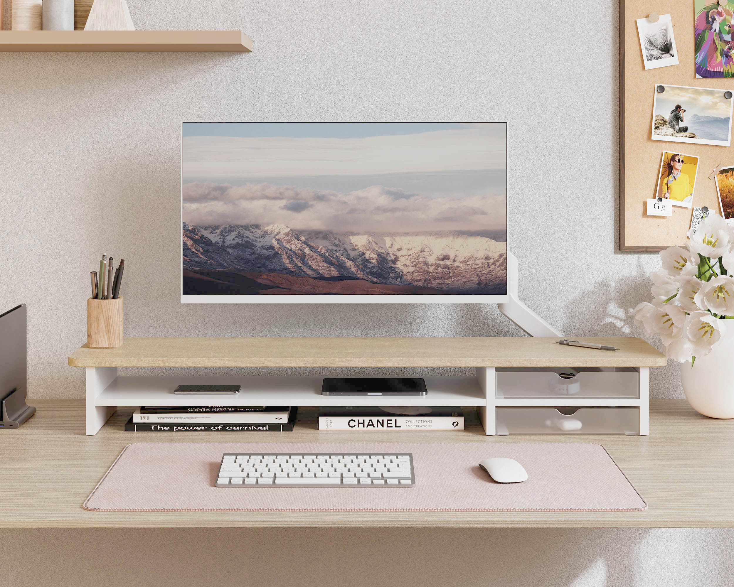 Fenge Dual Monitorständer Riser mit 2 Acryl Schubladen 108cm Große Computer Bildschirmständer für PC/Laptop/Fax/Drucker/TV Bildschirm,Weiß+Eiche