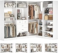 Unikito 110" L-Shaped Corner Closet System with Drawers, 4 Hanging Rods, Adjustable Shelves, 3000LBS Capacity, White Wood Organizer