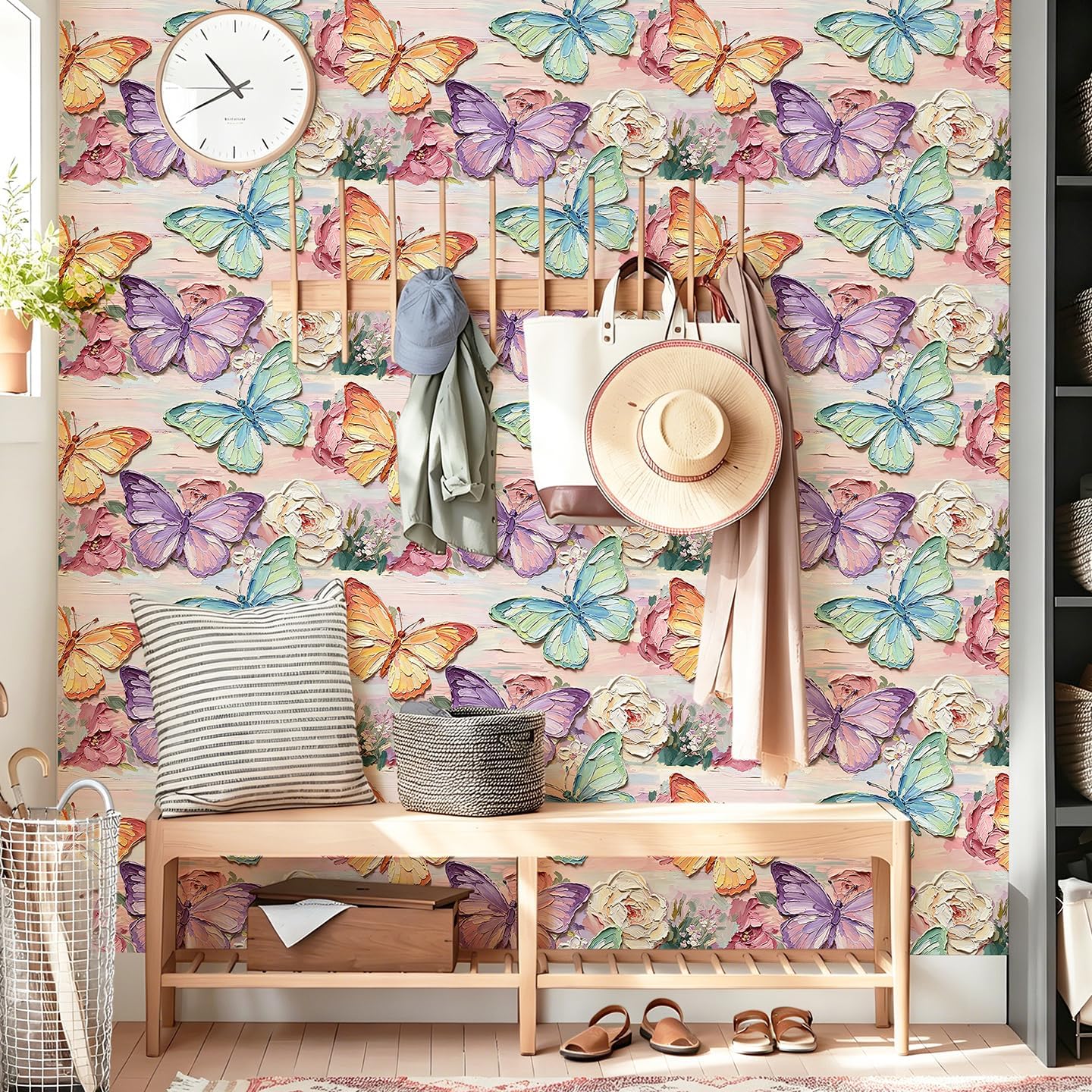 Oil Painting Butterfly Floral Shelf Liner Contact Paper Pastel 3D Textured Peel and Stick Wallpaper for Bedroom Nursery Dresser Cabinet Drawer Wall Decal 17.3X117 Inches