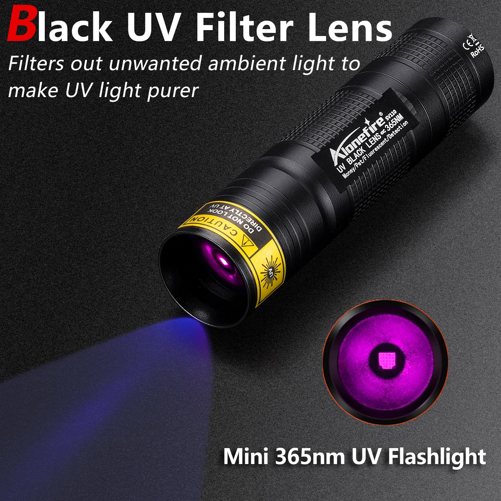 Alonefire SV110 Torcia UV LED Piccolo Professionale 365nm USB C Ricaricabile Mini Lampada Ultravioletti per Resina, Pesca, Fluoresceina, Rilevatore di Urina,Minerali con Batteria Incorporata