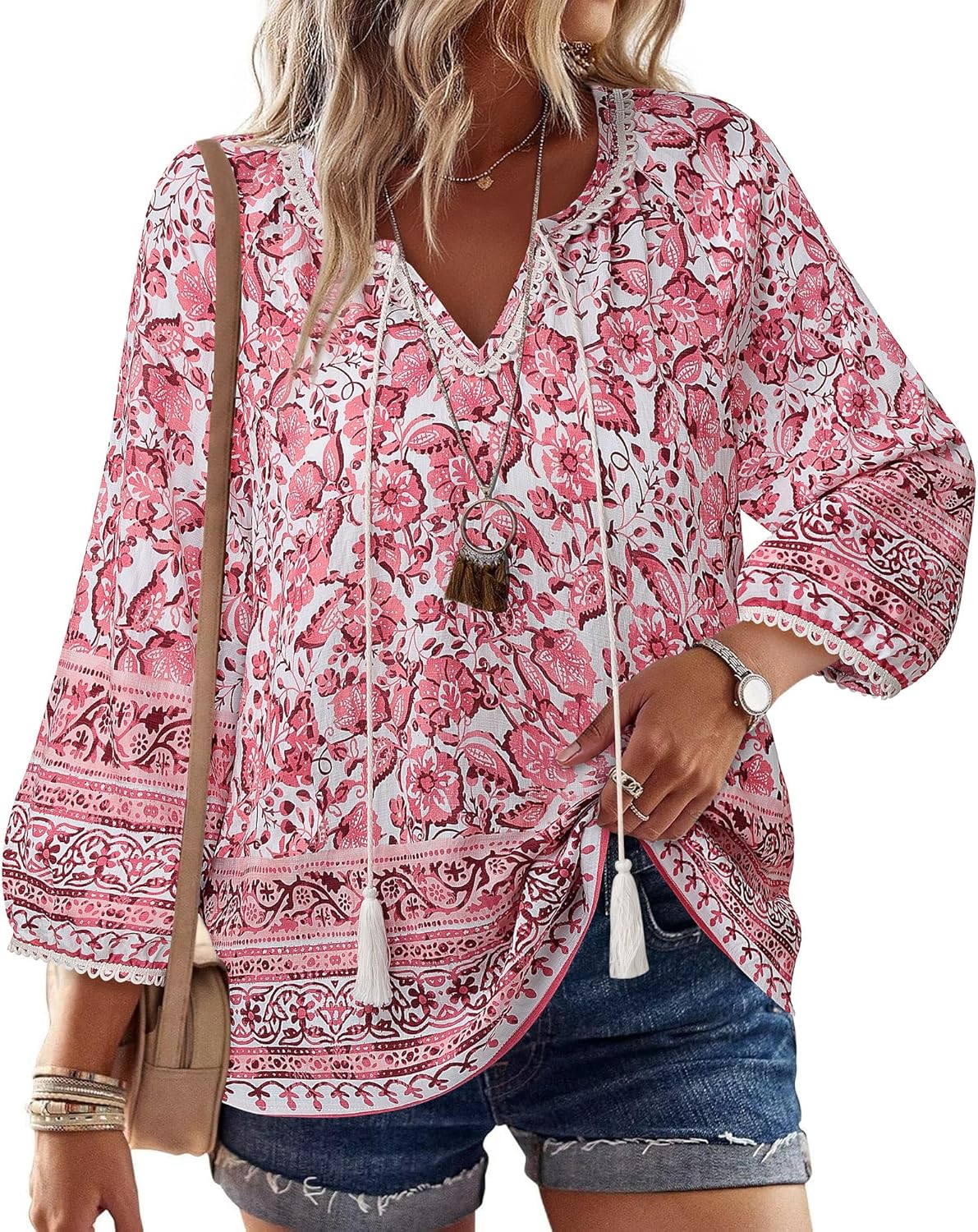 Vivilli Womens Boho Tops Casual V Neck 3/4 Sleeve Blouses Floral Print Shirt Tie Front Flowy Vacation Clothes - Image 4