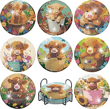 8 Pcs Highland Cow Diamond Art Coasters with Holder, DIY Diamond Painting Coasters Kits for Adults Beginners, Cow Diamond Art Coasters for Drinks, Non-Slip Heat Resistant Coasters Home Decor Gifts