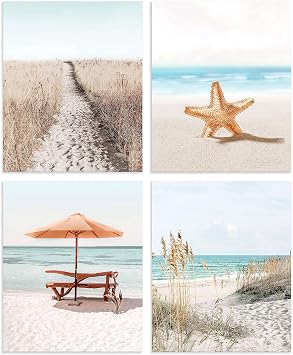 Coastal Pictures Wall Art Beach Prints Home Decor Set of 4 Sunny Seaside Posters Sand Boardwalk Starfish Photos Unframed 8x10 Inch