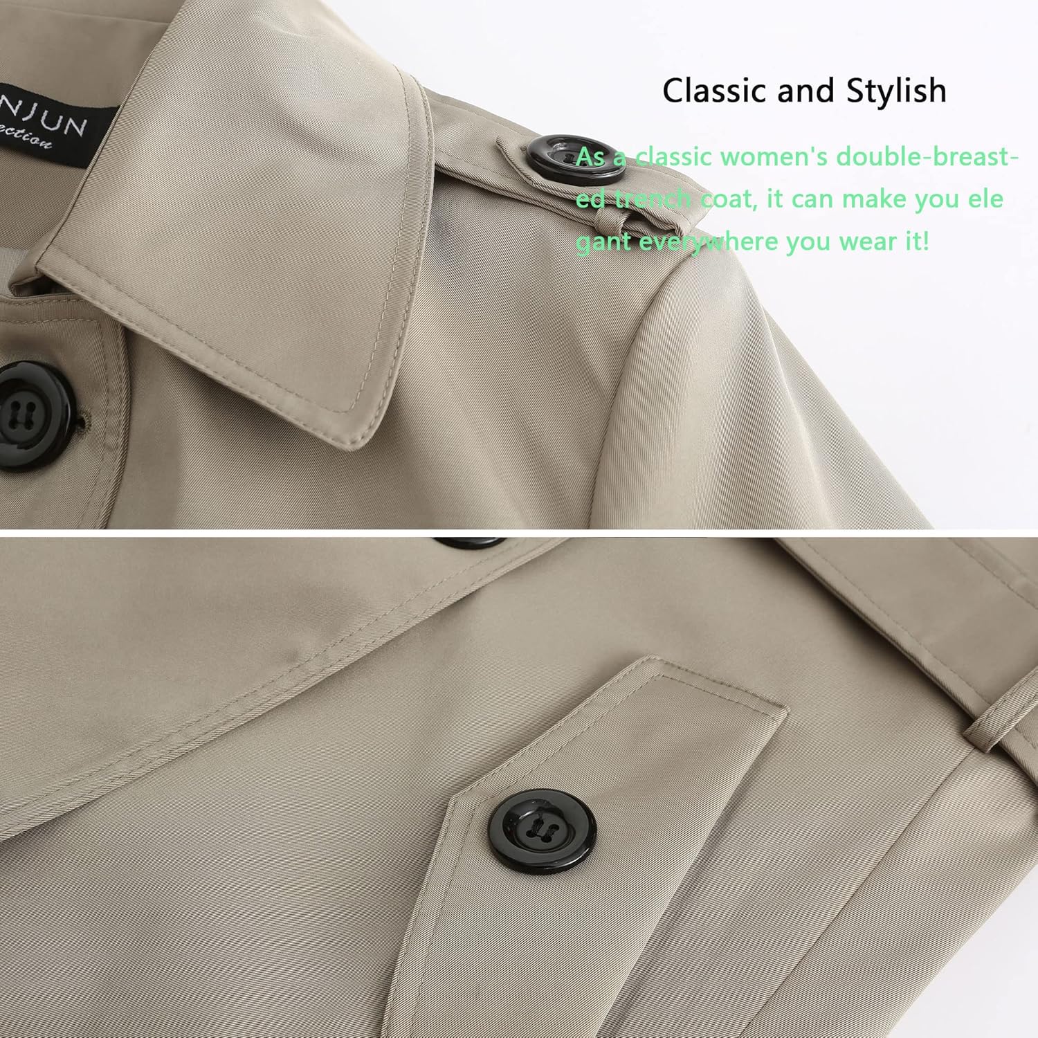NANJUN Women's Double-Breasted Trench Coat Classic Lapel Overcoat Slim Outerwear Waterproof Coat with Belt Buckle - Image 3