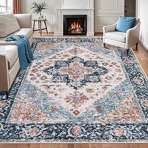 SERISSA Boho 8x10 Area Rugs, Washable Vintage Large Living Room Rug Non-Slip, Ultra Soft Oriental Print Distressed Tribal Farmhouse Blue Orange Carpet for Dining Room Bedroom Dorm Office Home Decor