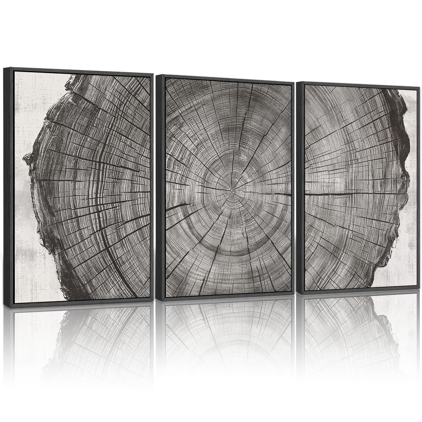 Photo 1 of YCJKJDZ Framed Tree Ring Canvas Wall Art Set of 3, Black White Forest Wood Nature Wilderness Pictures Modern Art Rustic Scenic, Art Prints for living room, bedroom, office, or farmhouse – 20x30 in