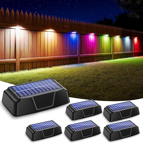 Paquete de 6 luces solares para valla, alimentadas por energía solar, para exteriores, impermeables, IP65, cálidasblancasRGB, 10 colores, 12 modos