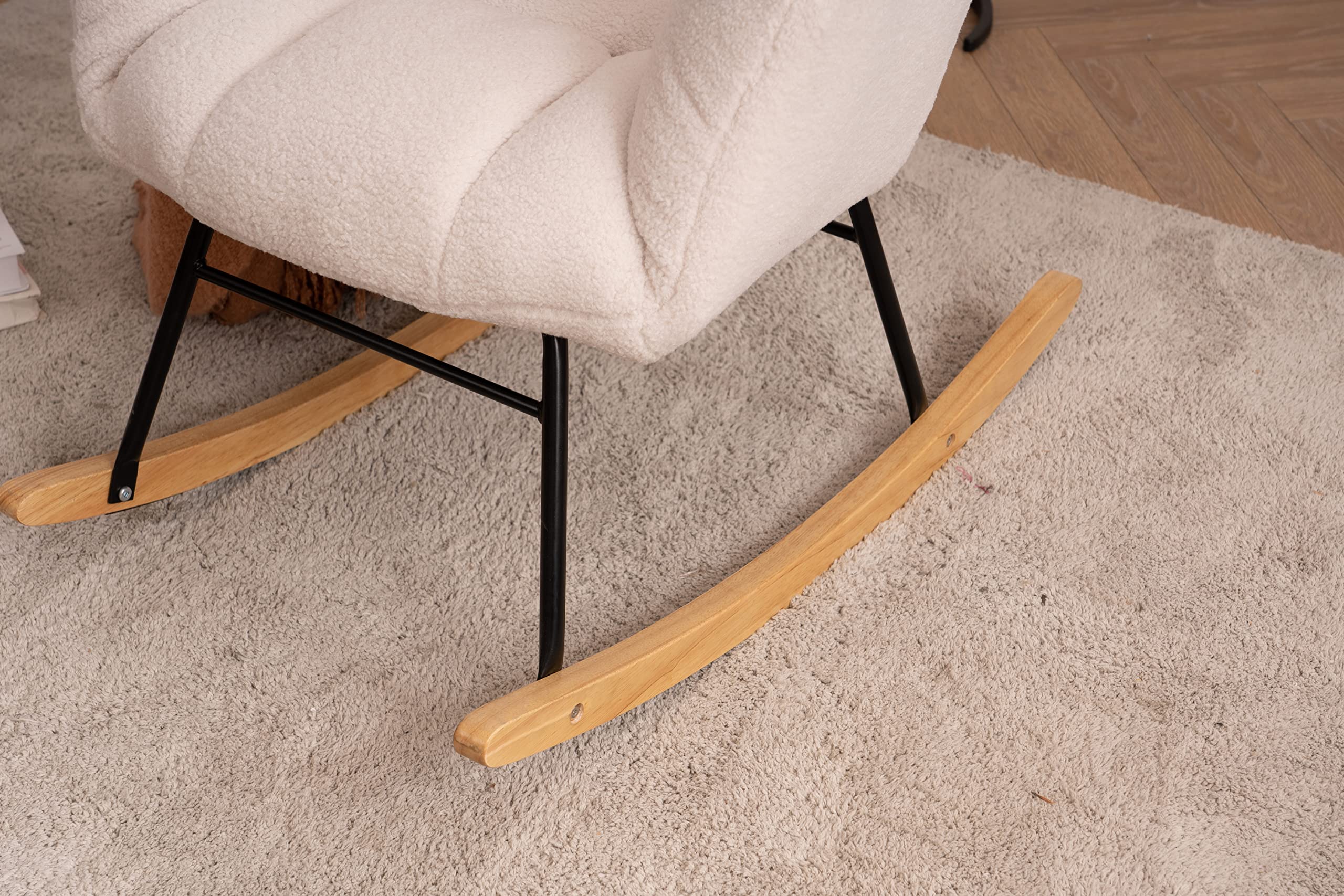 ZYLOYAL10 Mid Century nowoczesny pluszowy materiał pikowany tapicerowany fotel bujany wyściełane siedzisko do salonu sypialni przedszkola (biały miś)