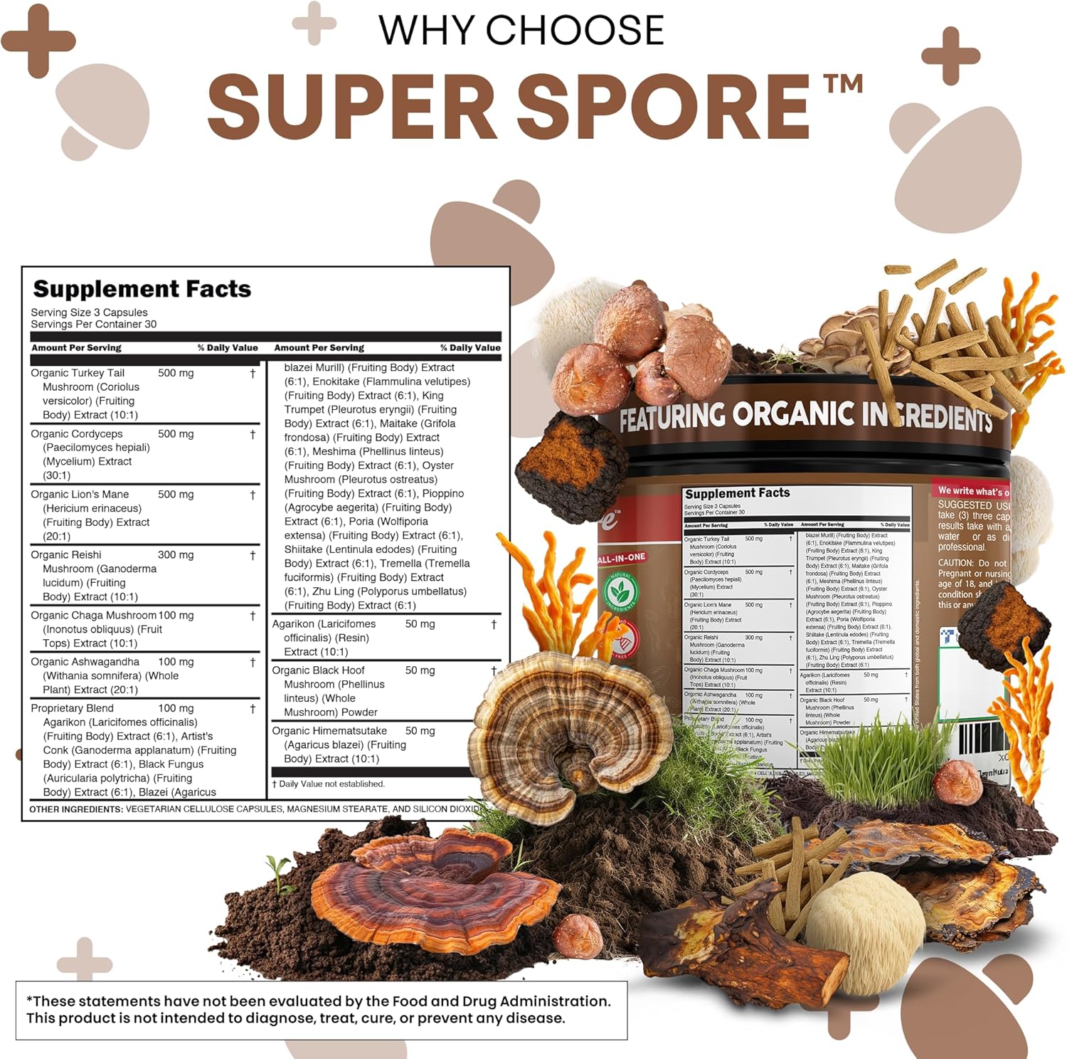 Organic Turkey Tail Mushroom Supplement Capsules | Lions Mane Cordyceps Reishi Chaga + Ashwagandha Stress Relief Nootropic Immunity Adaptogens Mood Support 90 Vegan Capsules by Clean Nutra - Image 4