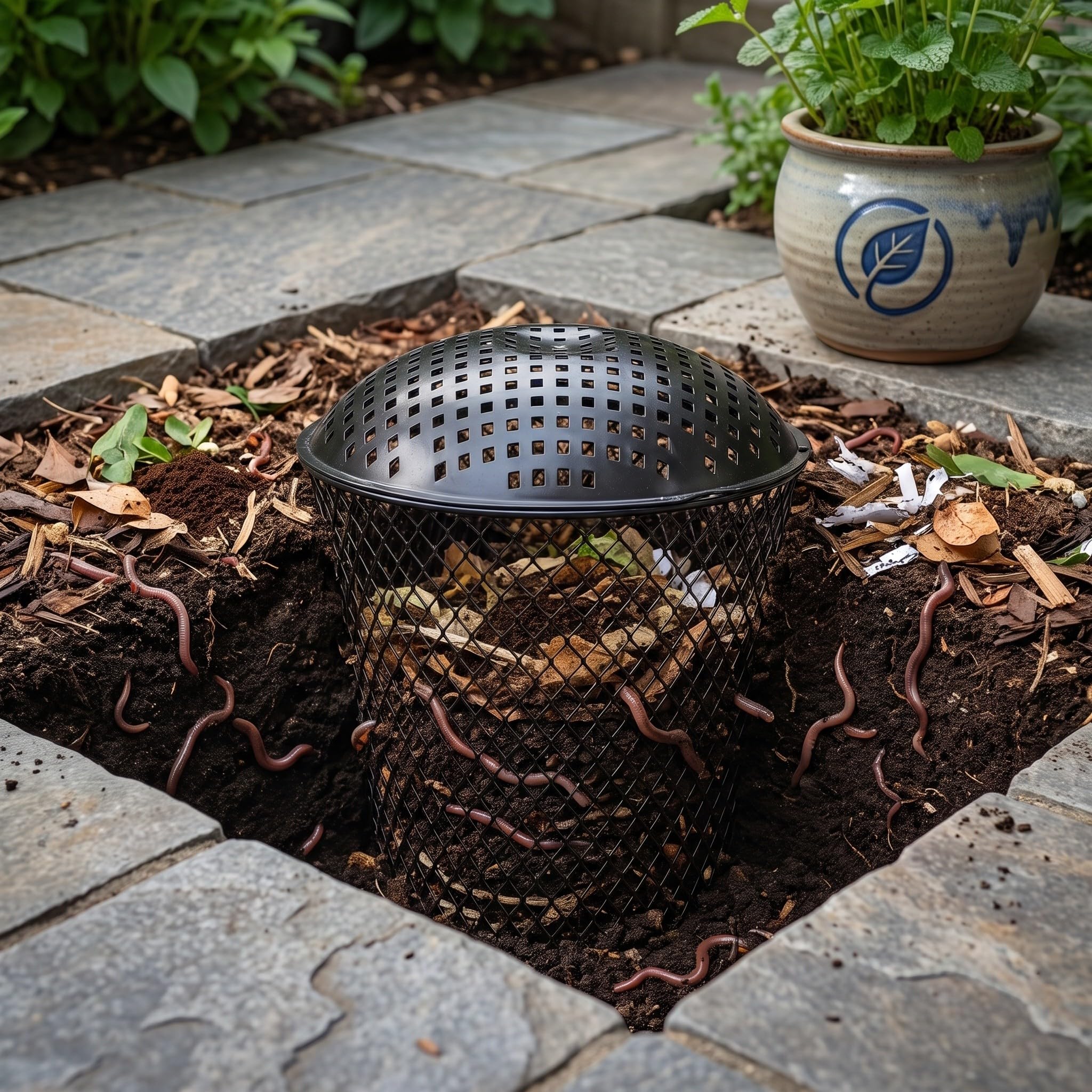 Lurrose 1 Juego de compostador de Tierra: Contenedor de compostaje de lombrices para Exteriores con Tapa - Contenedor de vermicompostaje de Metal para el Reciclaje de residuos de Alimentos de Cocina,