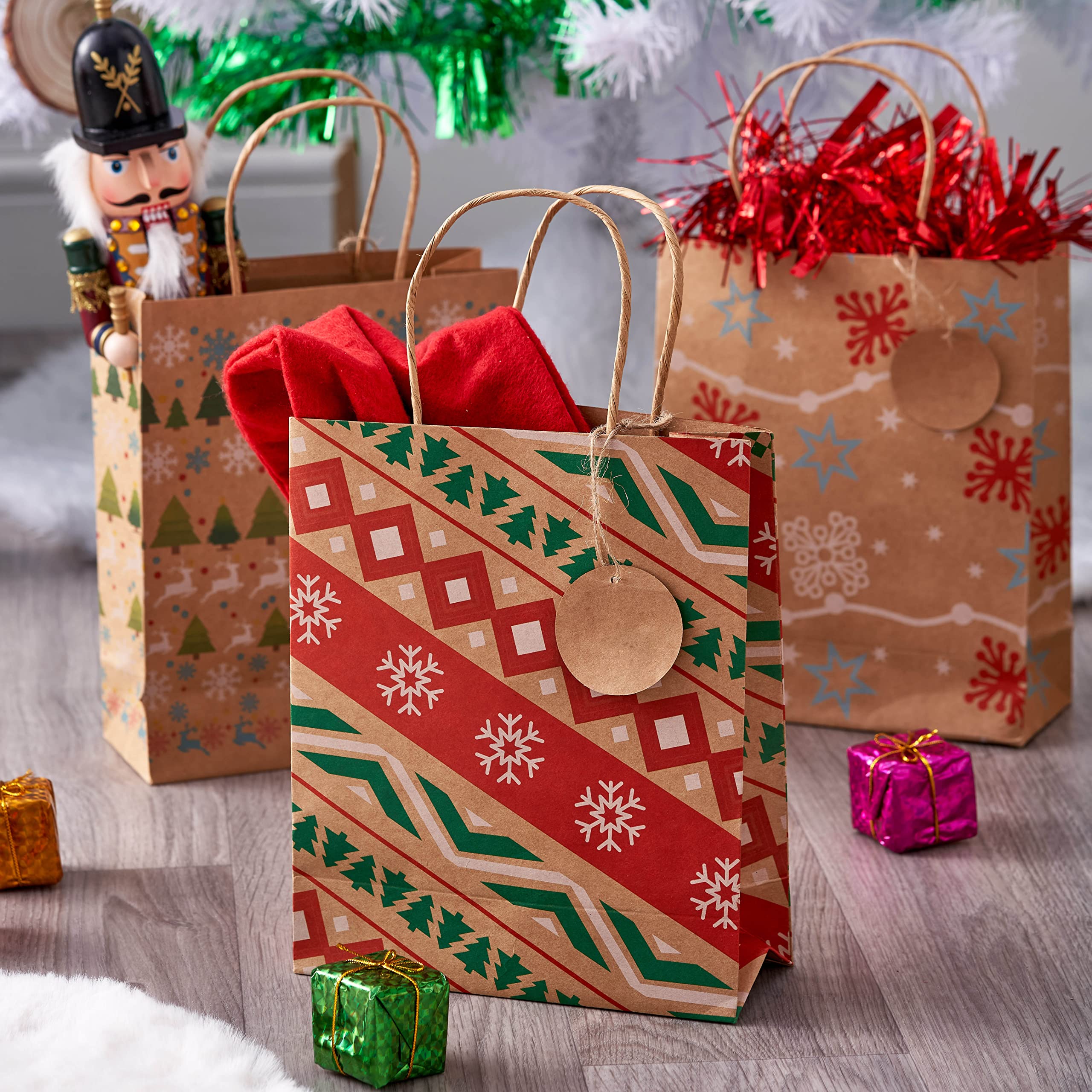 Sacchetti Regalo di Natale in Carta Kraft 24 Pezzi, 12 x 7 x 18.5 cm