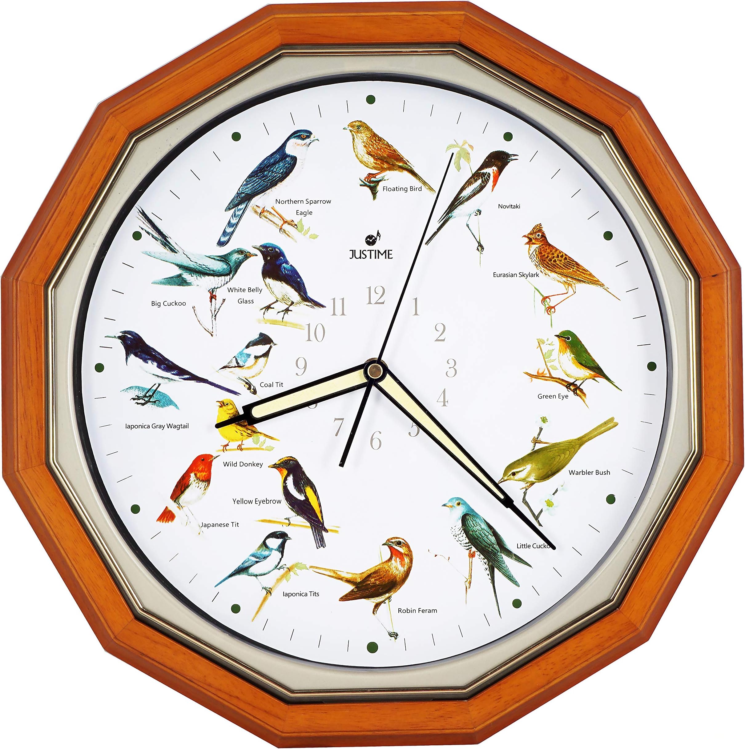 JUSTIME Plays 16 Popular Bird's Songs Triple Chime Music 14-inch Dodecagon Solid Wood Wall Clock Home Deco Multicolor - TCBD060