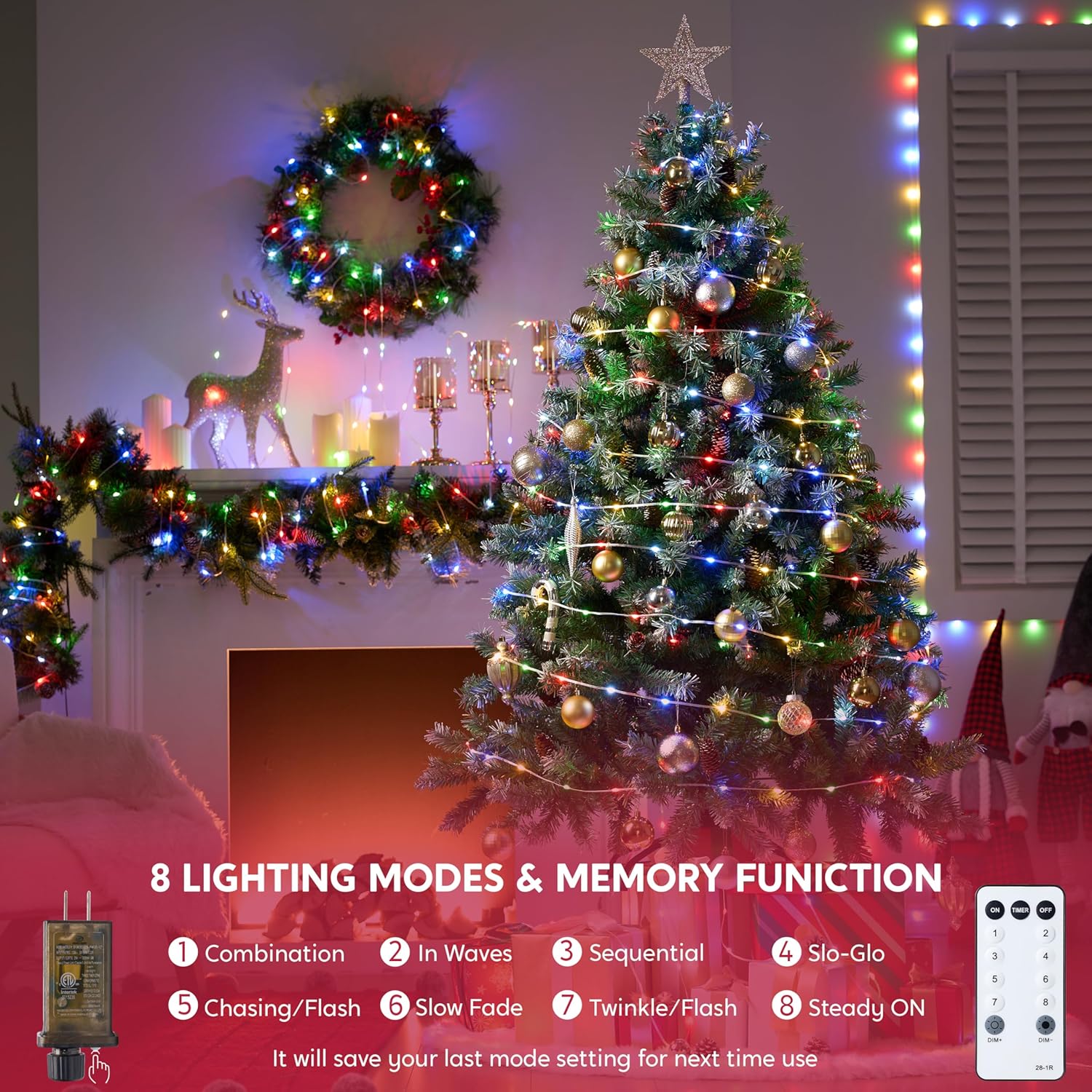 Joiedomi 1200 LED Christmas Lights Outdoor,394 FT Multicolor Christmas Tree Lights with 8 Modes Timer, PVC Clear Wire String Lights with Reel for Indoor Outdoor Holiday Xmas Eve Night Decoration