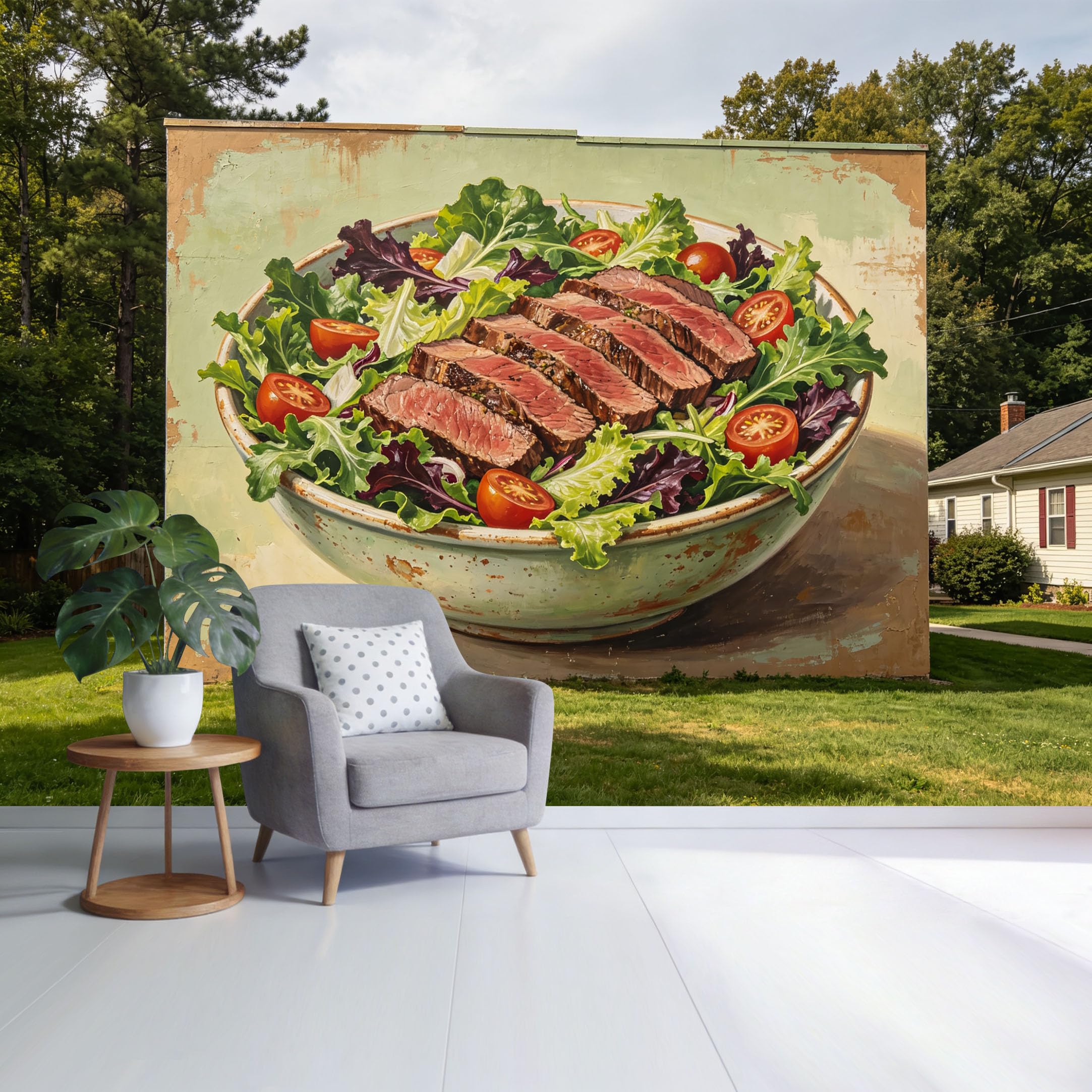Custom Size Wall Mural Realistic Steak Salad Bowl 3D Trompe L'Oeil Food Art SelfAdhesive Wall Fabric Removable Wallpaper for Home Office Decor