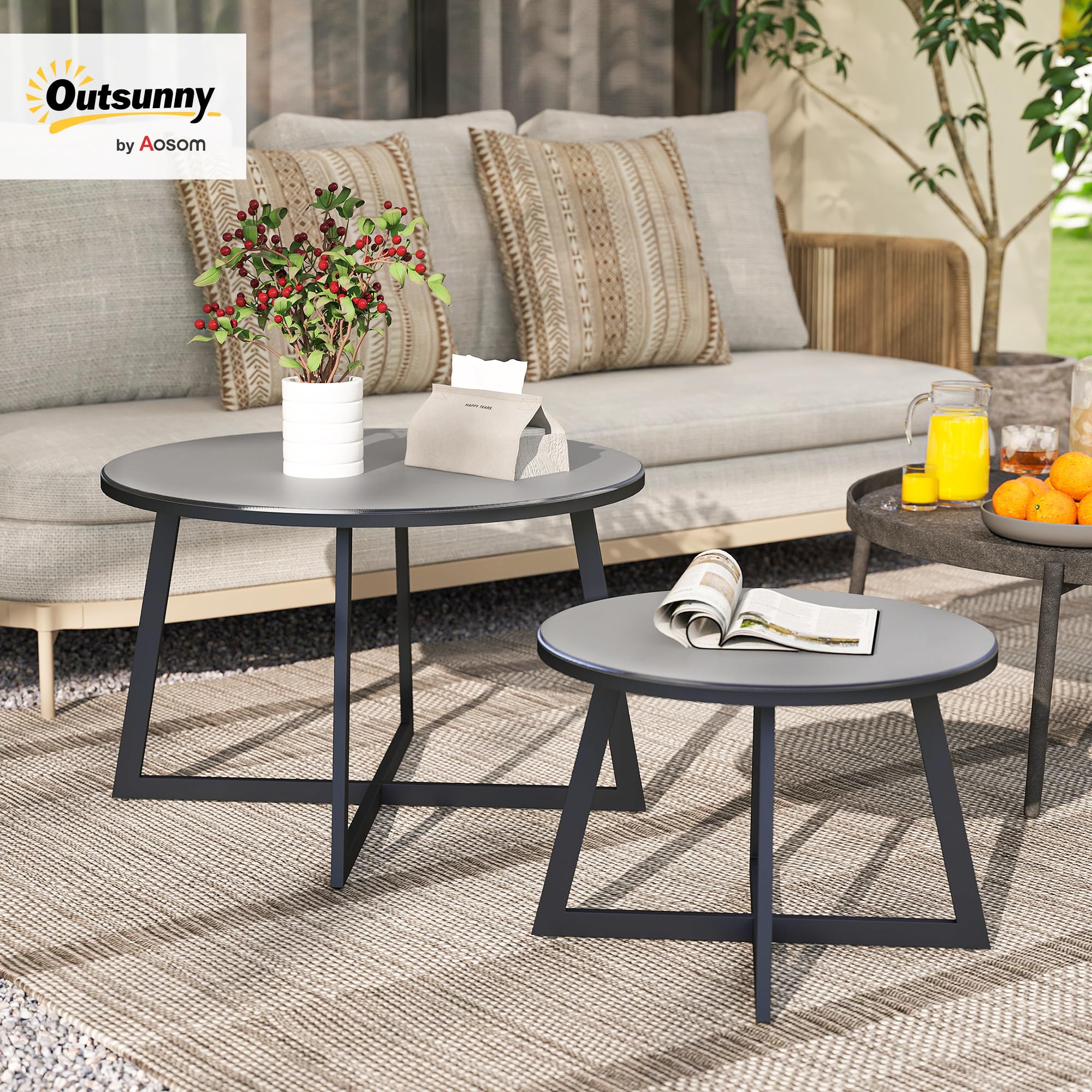 Outsunny Set 2 Tavolini da Giardino, Coppia di Tavolini da Caffè per Esterni con Piano in Vetro Temperato, Struttura in Acciaio, per Balcone e Terrazzo, Ø70x45 cm e Ø50x35 cm, Grigio e Nero